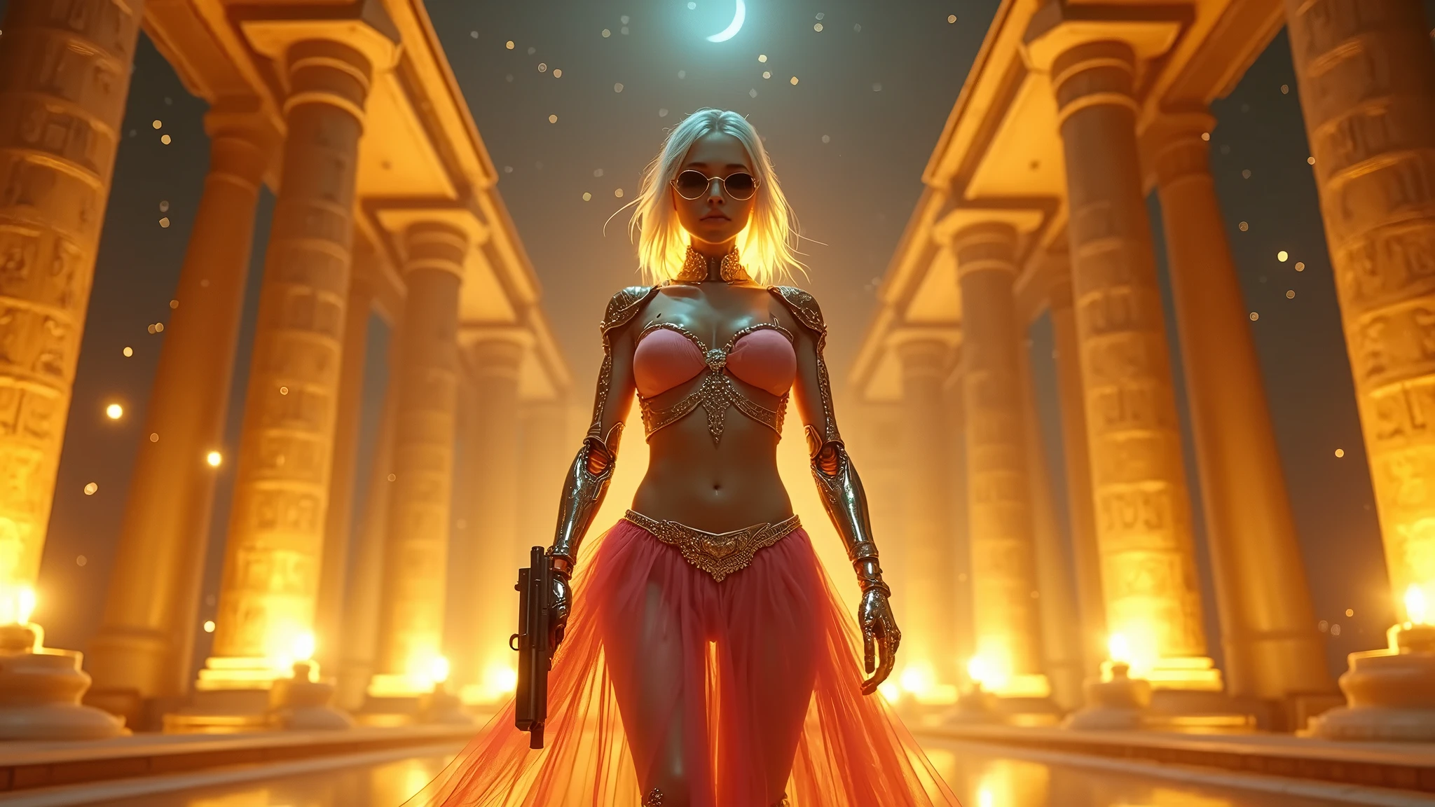 Bikini-clad woman walking on a stage with a camera, Fantasia sombria cyberpunk sedutora, CGSsociety, impressionante;, Moebius + Loish + WLOP, karol bak uhd, Rossdraw e Boris Vallejo, Arte de Wlop e Greg Rutkowski, Arte conceitual CGSetry, bela arte conceitual de corpo inteiro, Deusa loira, clubes de strip cyberpunk