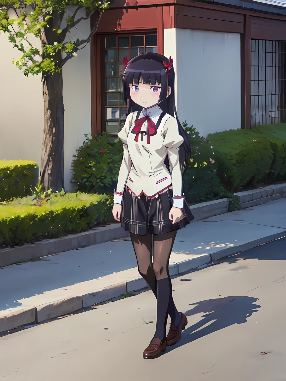 (ruri gokou), 1 Female, solo, ((mitakihara school uniform)), (red bow), Hime cut, Black Hair, Long Hair, mole, blush, garden, full body