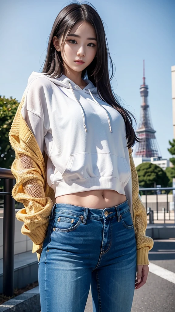 masterpiece, Ultra-high resolution, 4K, Best Quality, 1 person, whole body, Beautiful and exquisite face, Beautiful, smooth skin, Skin Texture, Baby Face, high school student, 1, Dynamic pose, Shiny Hair, Gold mesh hair, Standing pose, Tokyo Tower, Denim pants, hoodie