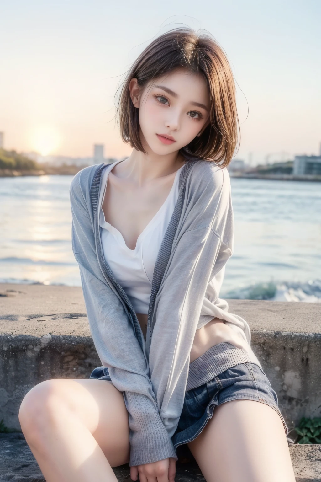 (High resolution, masterpiece :1.3), (Shooting from below),Orange sunset sky, And with the sea in the background, ((Super cute girl 、Erotic short hair、Seductive lips、Captivating eyes、Bold Pose)).Sitting on the embankment,Raise your arms back、Clear skin、Blushing Cheeks、(Cardigan, micro miniskirt,intricate detail)