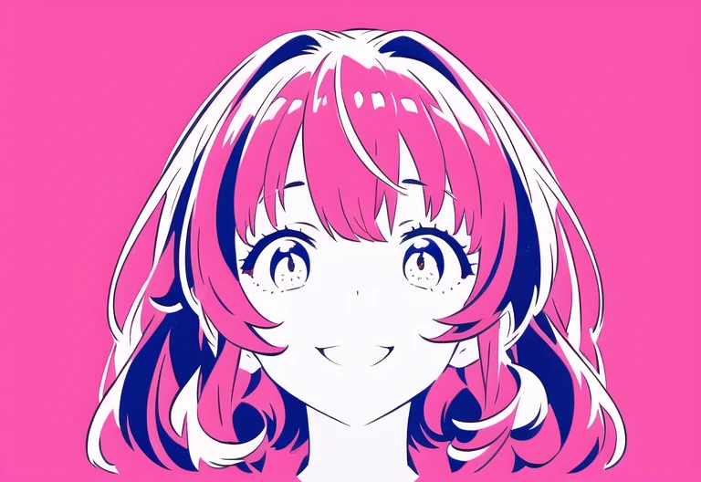 ((((ultra illustrated style:1.0)))),best quality, best animated, masterpiece, monochrome, 1girl, solo, long layered hair, smile, hoodie, white background, looking at viewer, front view, from front, from head to toe, simple background, pink theme, portrait,