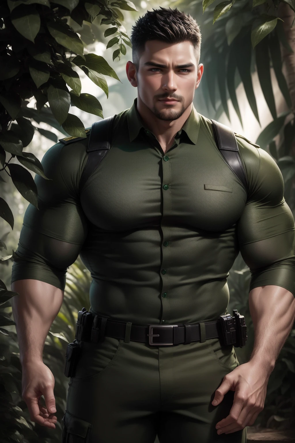 2 meters tall, Muscular police officer with his mouth open and screaming..，Khaki camouflage uniform，Character Conception（Resident Evil - Chris Redfield，Chris Redfield）Senior Police Officer，穿着Khaki camouflage uniform，Matte texture，Regular symmetrical texture pattern，Standing in the dark sugarcane jungle, The body was wrapped in thick vines.，Sad expression，Deep and charming eyes，The hero with emerald pupils，Valiant male pose，高大Burly，Muscular！Attractive leg muscles，High target, Burly, Heqiang， 穿着Khaki camouflage uniform， Super Buff and Coolness， High Resolution Committee， Charming strongman，The bright sunshine shines on you，Matte particles，Shiny texture