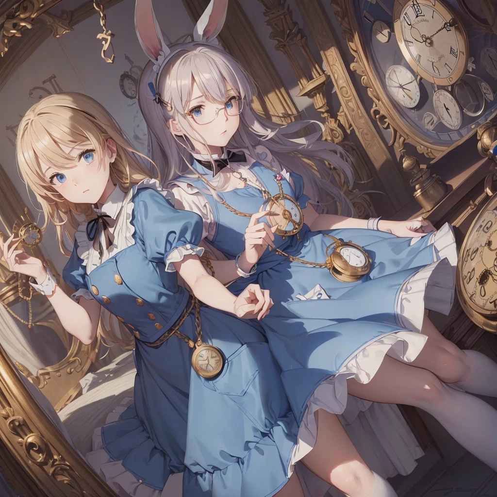 Alice in Wonderland with rabbit and clocks 