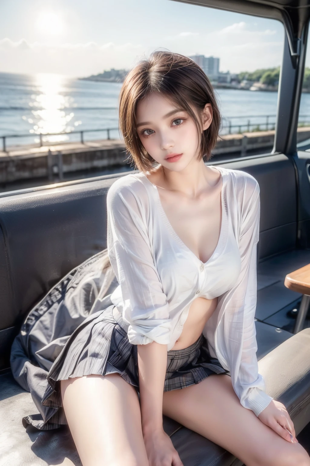 (High resolution, masterpiece :1.3), (Shooting from below),Orange sunset sky, And with the sea in the background, ((Super cute girl 、Erotic short hair、Seductive lips、Captivating eyes、Bold Pose)).Sitting on the embankment,Raise your arms back、Clear skin、Blushing Cheeks、(Cardigan, micro miniskirt,intricate detail),Pleated skirt、Crouching
