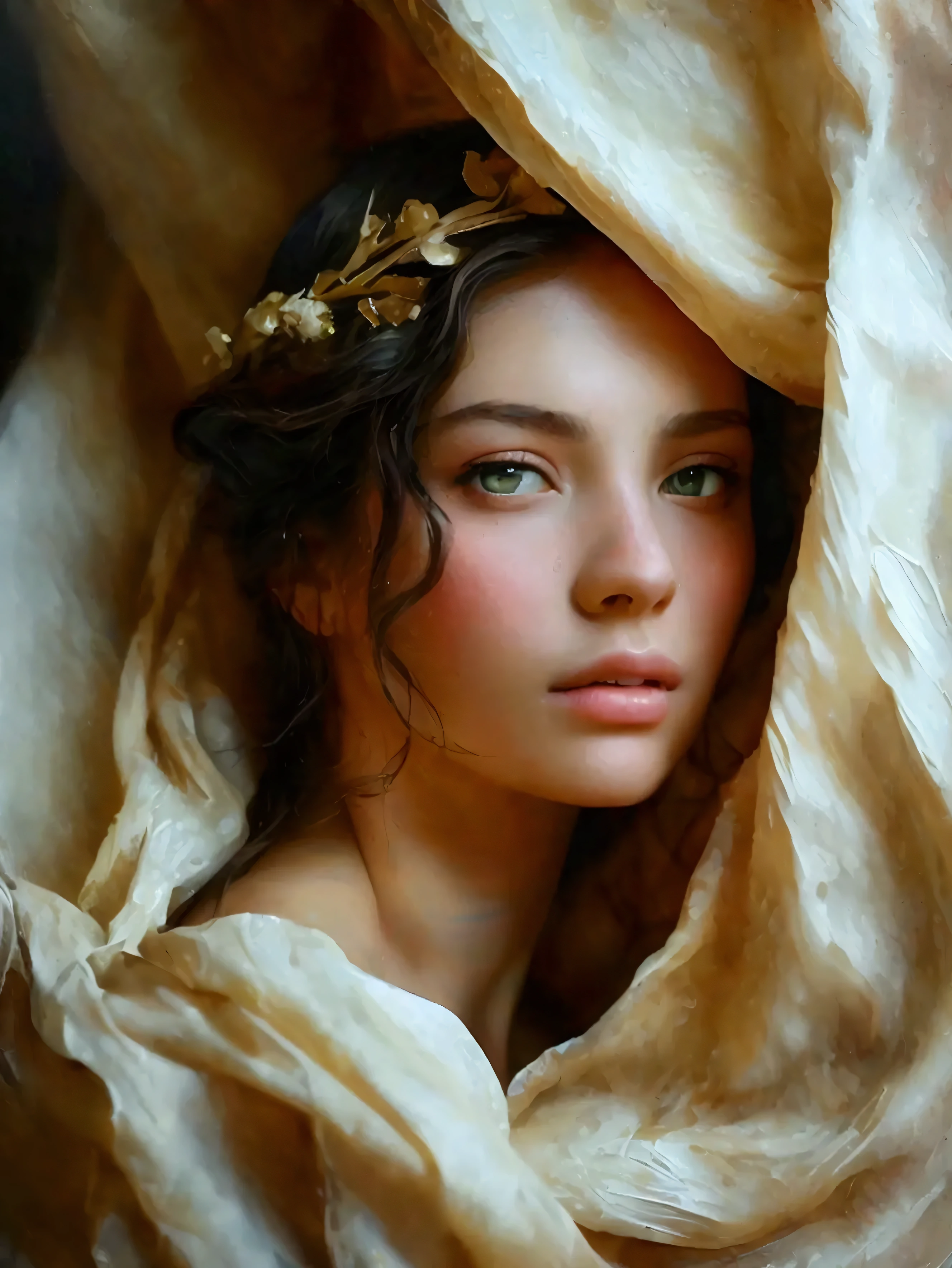 a thick textured oil painting, impasto brushstrokes, dry brushing, revealing underlayers, the model draped in flowing fabric, beautiful detailed eyes, beautiful detailed lips, extremely detailed eyes and face, long eyelashes, porcelain skin, serene expression, elegant pose, dramatic lighting, warm color palette, chiaroscuro, renaissance style, masterpiece, (best quality,4k,8k,highres,masterpiece:1.2),ultra-detailed,(realistic,photorealistic,photo-realistic:1.37)