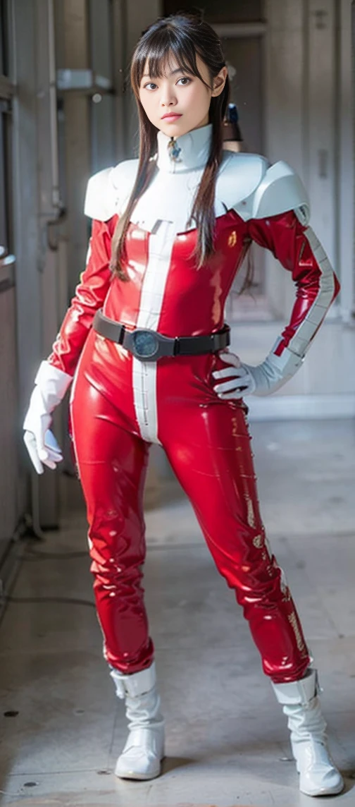 ((power rangers)), One guy、 Red costume, Solo, ((Slim figure)), (Anatomically correct), Cowboy shot, masked face, (Red composite tracksuit), (Well-designed hero set), Suitable for complex production lines, Thin one-piece influencer suit, Long leather gloves to white elbows,,,,, The arm sleeve is made of hard material, White leather boots, Wearing a full-face helmet, (White belt), (Large metal clasp), (Full body suit), (Full face helmet,No exposed face), Crystal embedded in the helmet, (Very shiny sportswear), Silk weave set, gym clothes that adhere to the body,dynamicposes
