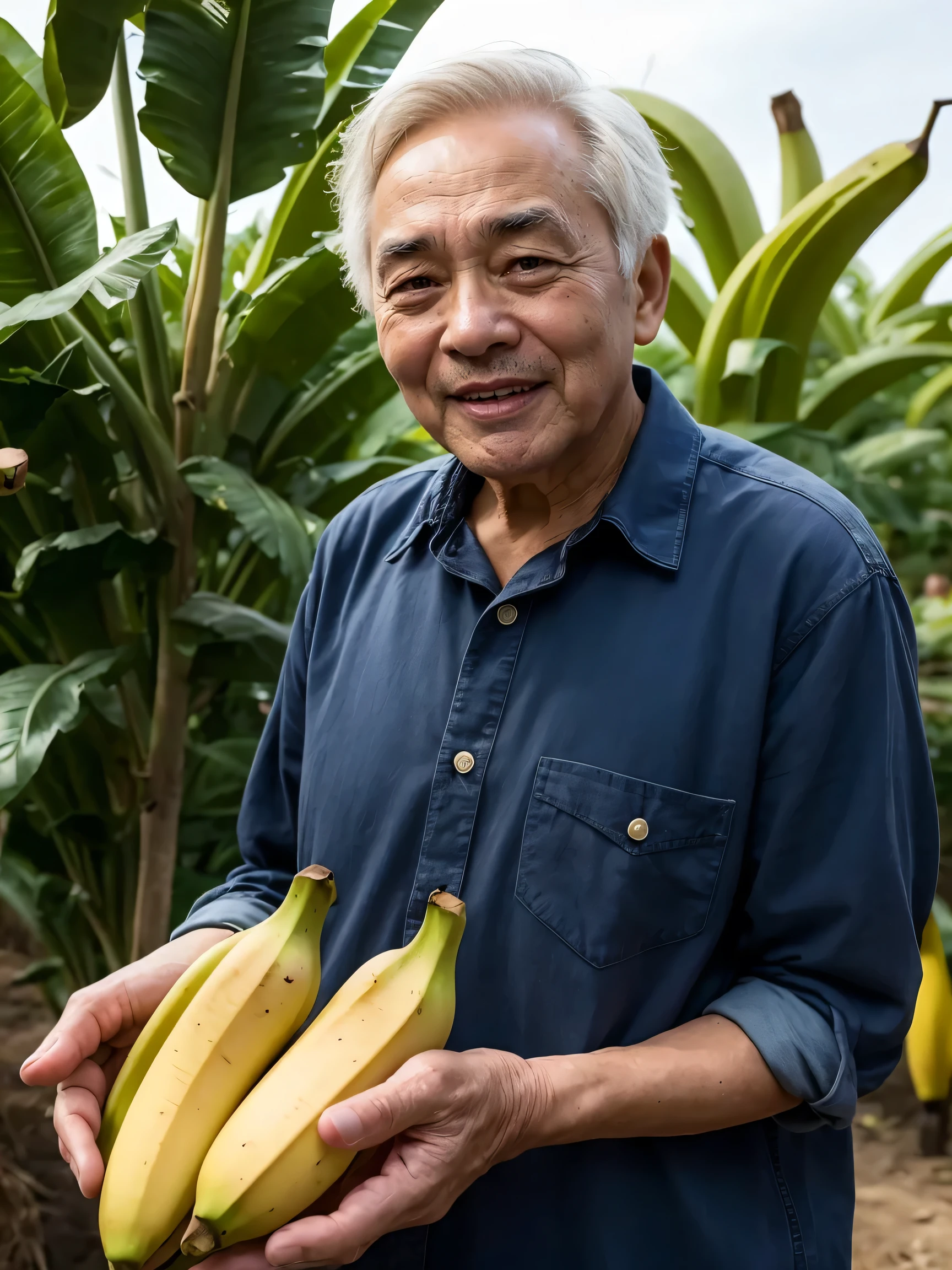 A 6 man smiles proudly and has wrinkles around his eyes,(((OLD MAN))), Taiwanese old man, Taiwanese elderly male, very short white hair, thin hair, he is a farmer, field, he is harvesting Tomatoes, ((Holding the rotten  banana planted, those bananas looked bad, the banana looked disgusting)), he was smiling very proudly, he was wearing a plaid shirt and farming sleeves, he was a A simple old Taiwanese farmer with single eyelids,(((rotten bananas))),(((Asian, Taiwanese))),(((No beard))),(((black eyes)))