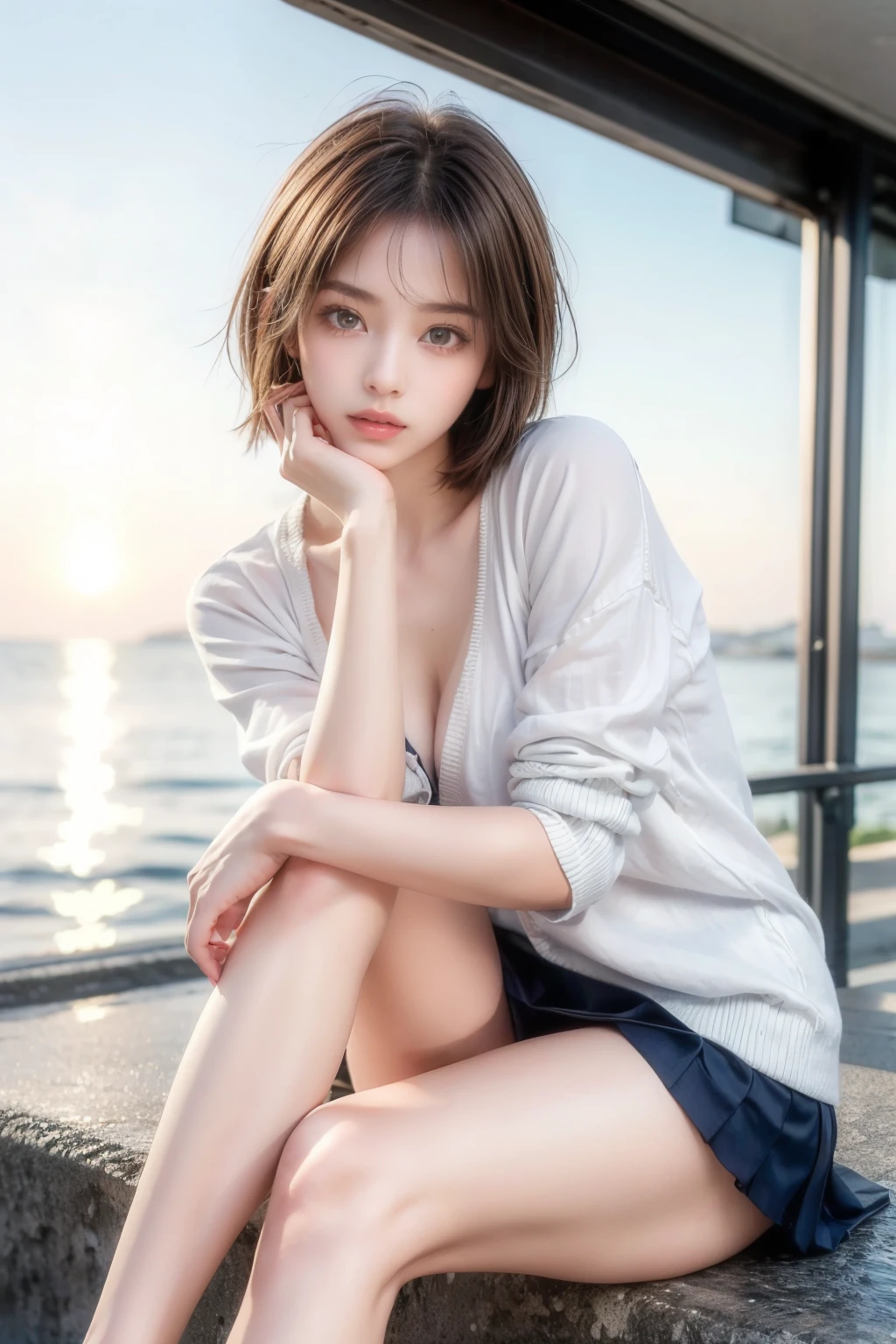 (High resolution, masterpiece :1.3), (Shooting from below),Orange sunset sky, And with the sea in the background, ((Super cute girl 、Erotic short hair、Seductive lips、Captivating eyes、Bold Pose)).Sitting on the embankment,Raise your arms back、Clear skin、Blushing Cheeks、(Cardigan, micro miniskirt,intricate detail),Pleated skirt、Crouching