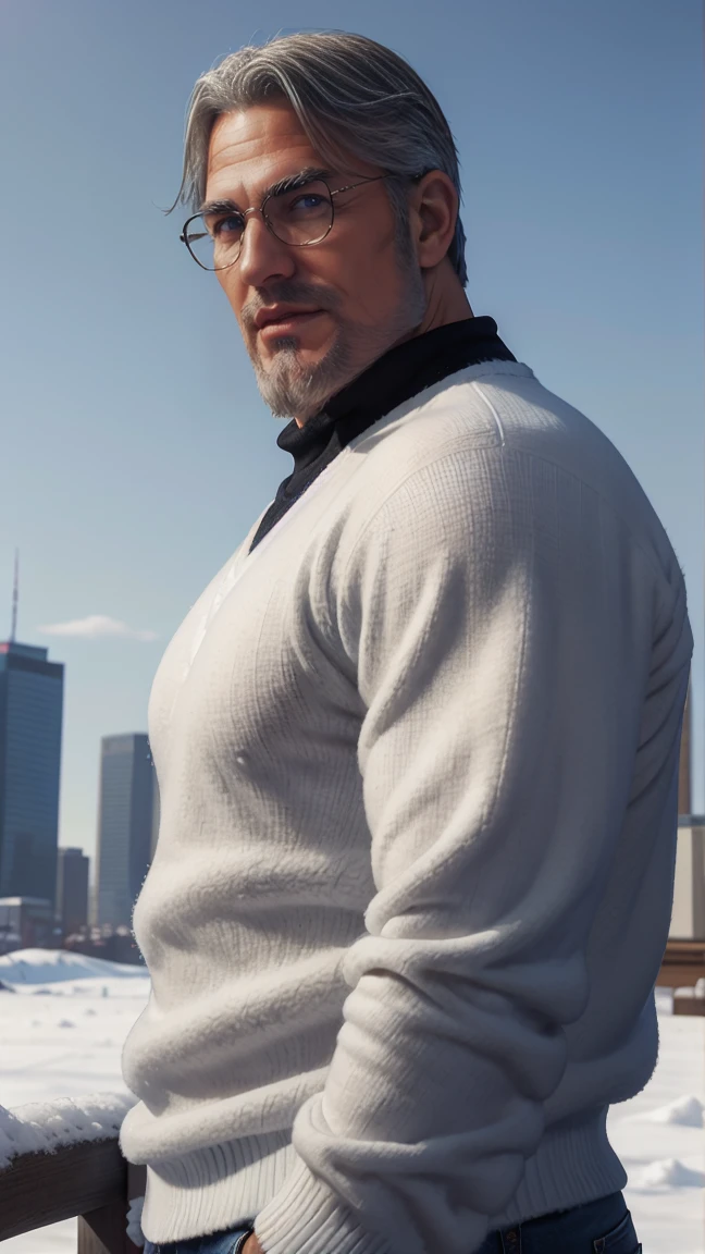 sfw, 1man, middle aged, 61 y.o, handsome, white graying edges, crew cut hairstyle, white beard, white mustache, friendly smile, wearing glasses, shining blue eyes, prominent muscular bodyshape, BODYBUILDER BODYSHAPED, black sweater, snow-themed winter mantle, dark blue training jeans, snowy tokyo (background), evening (sky color), closer distance face against me, realistic style, ultra-realistic, hyperrealistic, hyperdetail, looking viewers, hd, high quality, 8k resolution
