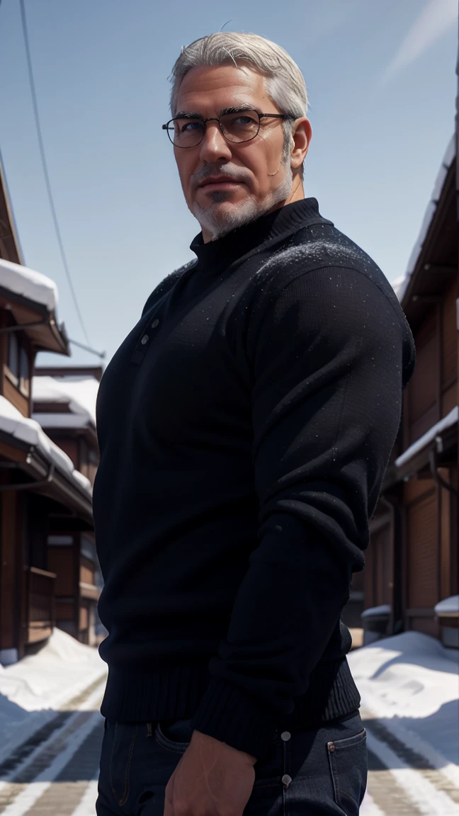 sfw, 1man, middle aged, 61 y.o, handsome, white graying edges, crew cut hairstyle, white beard, white mustache, friendly smile, wearing glasses, shining blue eyes, prominent muscular bodyshape, BODYBUILDER BODYSHAPED, black sweater, snow-themed winter mantle, dark blue training jeans, snowy tokyo (background), evening (sky color), closer distance face against me, realistic style, ultra-realistic, hyperrealistic, hyperdetail, looking viewers, hd, high quality, 8k resolution
