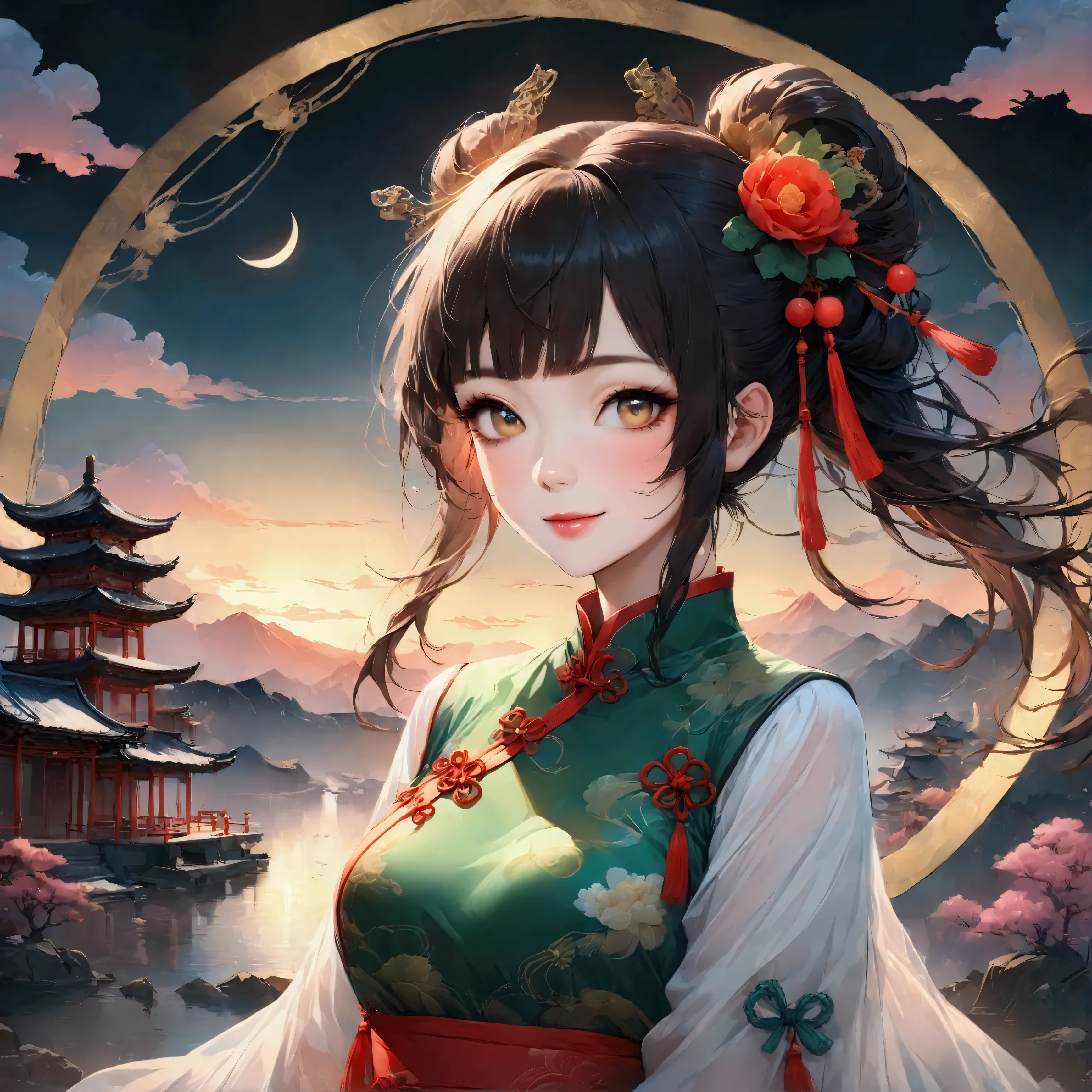 Great views of Chinatown,赤い提灯の温かいLight,Modern and historical,Fantastic and dreamy landscape,Light,風景の中にChinese clothingの女性が1人います,She is attractive and beautiful、まるで上海のnightを象徴するかのようです,Realistic skin texture,Realistic,break,豪華な刺繍が施されたChinese clothing,A masterpiece created by designers,Optimal Configuration,Light and Dark,break,,(masterpiece:1.3),(Please redeem:1.4),(Super detailed:1.5),High resolution,Very detailedな,unity 8k wallpaper,Intricate details,Wide range of colors,Artwork,rendering,(masterpiece:1.3),(Please redeem:1.4),(Super detailed:1.5),High resolution,Very detailed,unity 8k wallpaper,Draw artistic background,Chinese style,Traditional,Absurd beauty,Tangled,幻想的で美しいnightのチャイナタウン,night,美しいLightと影,Sparkling,Anatomically correct,Structurally correct,Use gold leaf,Chinese clothing,Gel Lip,eyelash,Charming smile