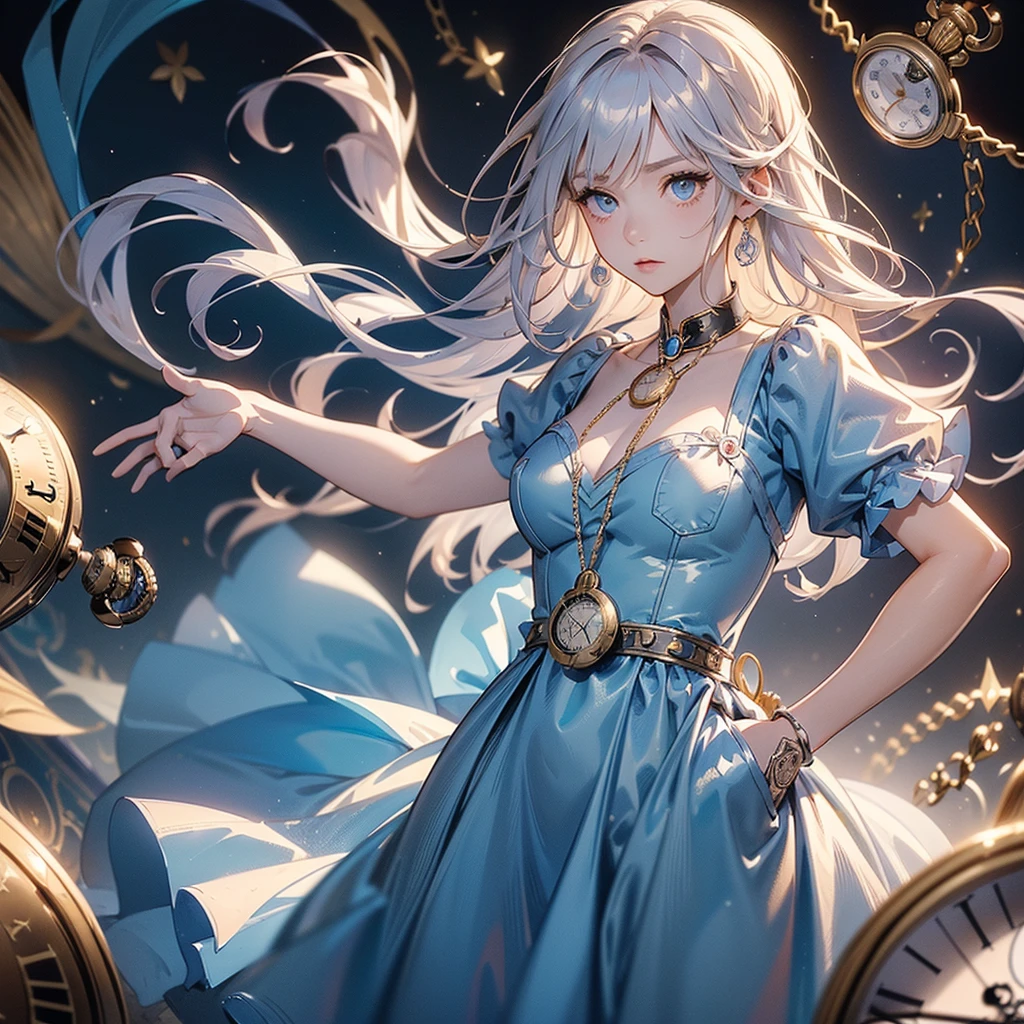 (Masterpiece, Top Quality, Best Quality, Watercolor (Medium), Official Art, Beauty and Aesthetics: 1.2), (1girl: 1.3), (Fractal Art: 1.3), Upper Body, Looking from the Side, Looking at the Viewer, Pattern, (Rainbow Hair, Colored Hair, Half Blue and Half Silver-gray Hair: 1.2) Male, Black T-shirt, Gorgeous Gold Cross Pendant on Chest, Huge Classical Clock Gorgeous Fine Behind Back, Magic Starry Sky 8K, The Strongest Top Masterpiece, The Strongest Top Quality