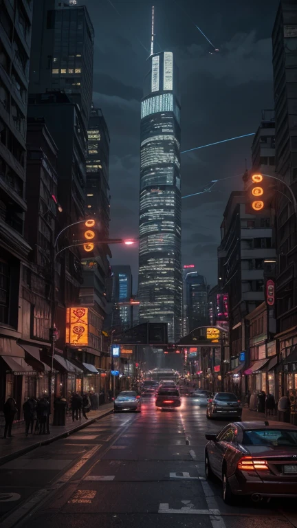 Cyberpunk streetscape with tall skyscrapers, Glowing neon signs and LED lights, traffic with futuristic cyberpunk cars and ((Flying cars in the sky)), Dark atmosphere, Cinematic lighting, Extremely detailed.