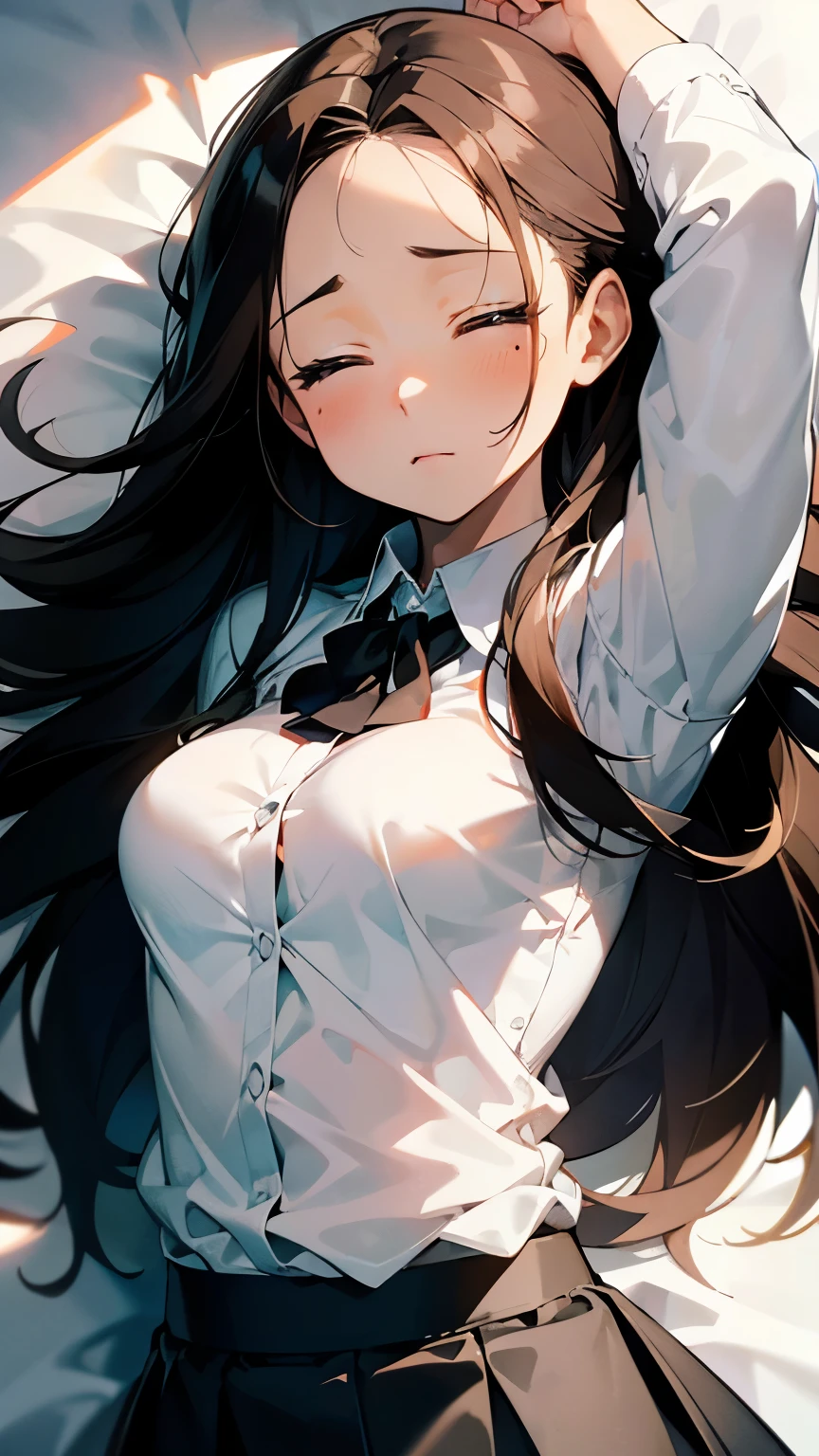 { masterpiece : best quality : high resolution : unity 8k wallpaper : illustration : beautiful detailed eyes : extremely detailed face : perfect lighting : extremely detailed CG : perfect hands : perfect anatomy } { anime } { old_room } { 1girl : : : cute_face : ( forehead : brown_hair : gradient hair : long_hair ): : Perfectly_small_shaped_breast : Perfectly_fit_body : expressionless : closed_eyes : ( (white_button_shirt : black_skirt)) } { : lying_down : bed : arm_behind_head}