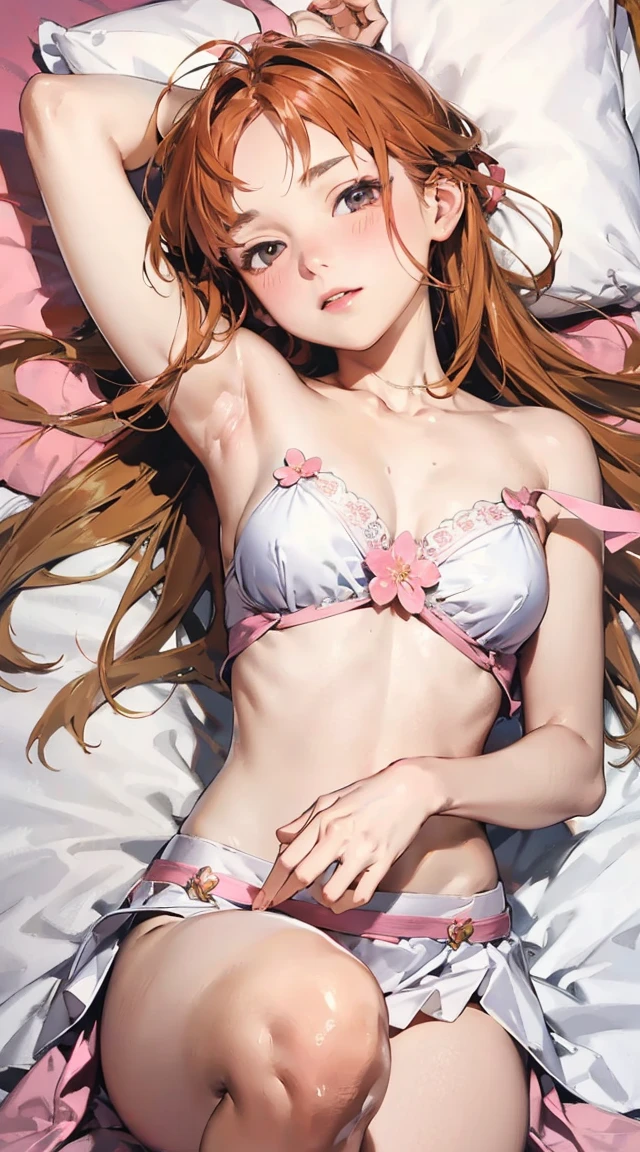 sakura kinomoto (masterpiece), (Ultra HD), high quality, white skin,  beautiful, magical girl, on bed, ,look to viewer, blush, expose shoulder, expose stomach, lying on bed, Sakura, , Sakura Card Captor,Sakura Kinomoto, Sakura