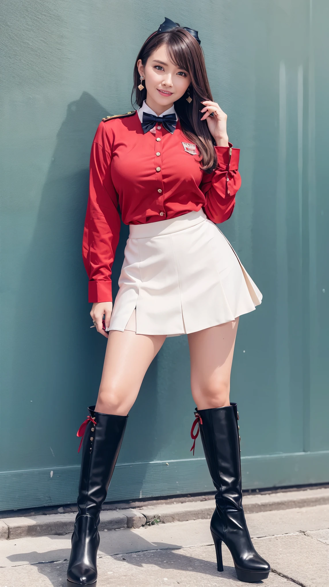 (Dark blonde hair),Ultra realistic 8K, (Mature female,40 years old),(Heavy makeup), Earring,Big breasts:1.0,Standing infront of the luxury highschool,Nikon Z 85mm,((Best Quality)) ,((masterpiece)),intricate detailes,Photorealistic,Extremely delicate and beautiful,((Red High school girl in uniform,Buttoned shirt,Bow tie,Mini skirt)):1.4,(Long boots with high stiletto heel,Pointed toe):1.0,Full body shot:1.2,Tempting smile,NSFW