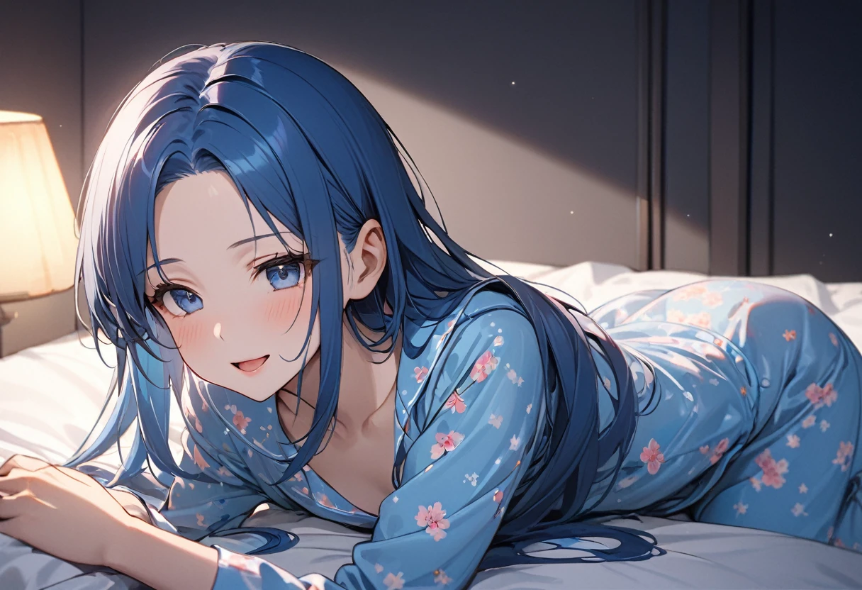 (love style) (solo, 15 yo, forehead blue hair beautiful long hair lovely girl, cute blue eyes, ecstasy smile), (in a detailed night robe), (in the night, night bedroom), BREAK, perfect anatomy, masterpiece, best quality, 16k, beautiful detailed night, daydreaming expression