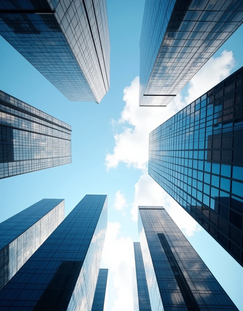 first person perspective, Skyscrapers with mirror-like windows, The blue sky and white clouds are reflected in the window, Upward Perspective at the skyscrapers that are arranged in a circle around, With myself as the center, View from directly below looking up 