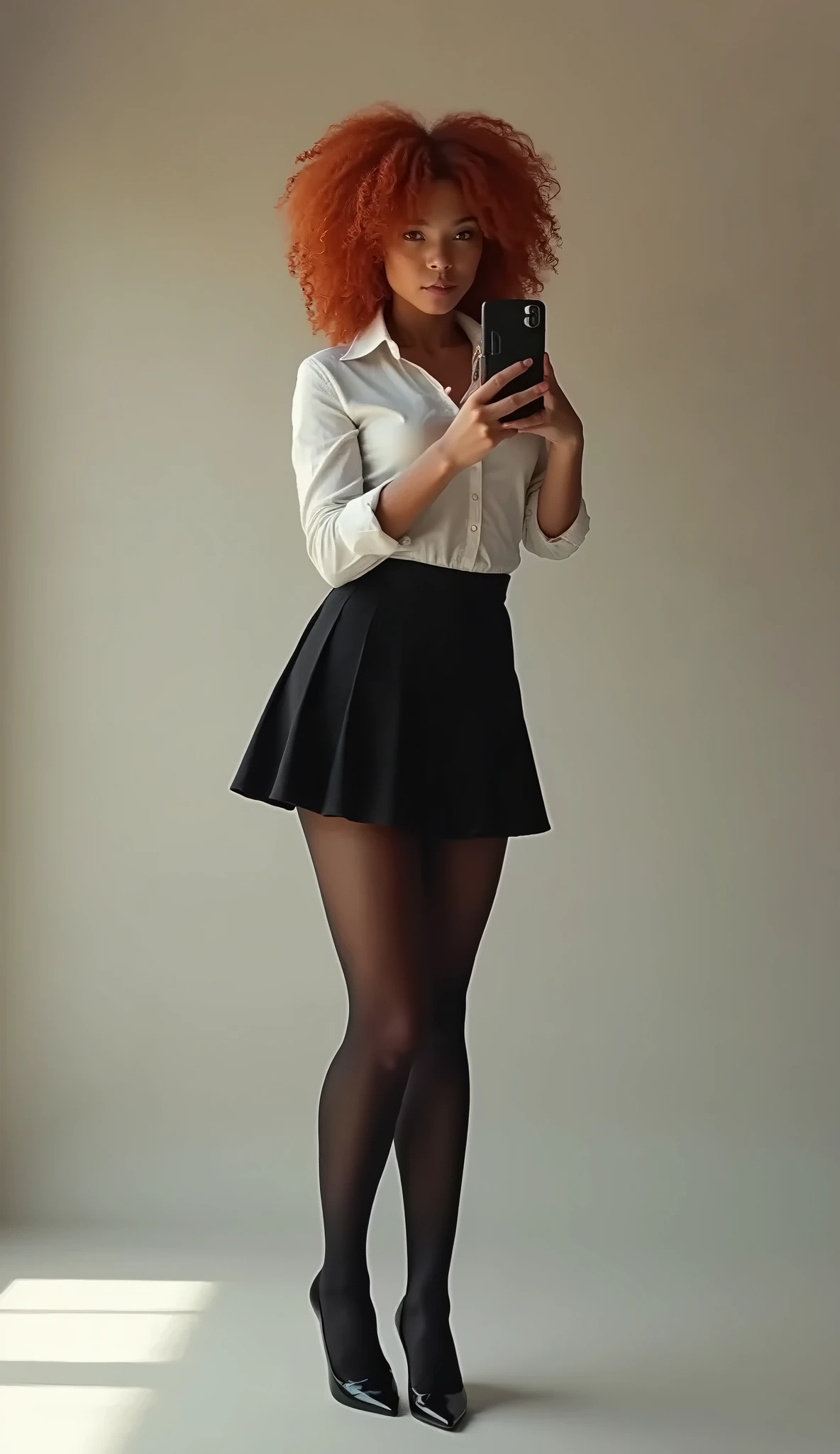 young woman, short red hair, glasses, freckles, smiling, lift skirt