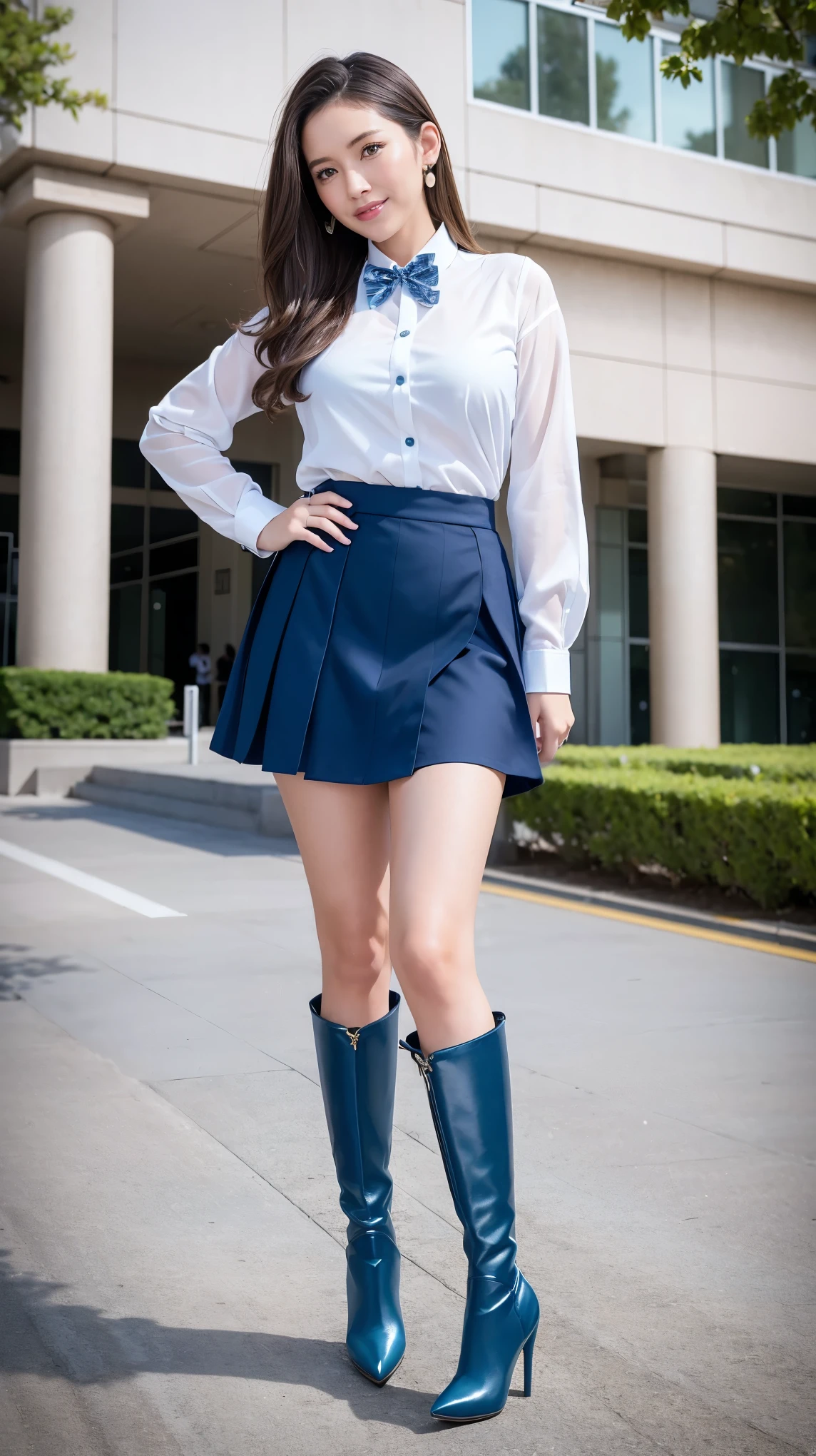 (Dark blonde hair),Ultra realistic 8K, (Mature female,40 years old),(Heavy makeup), Earring,Big breasts:1.0,Standing infront of the luxury highschool,Nikon Z 85mm,((Best Quality)) ,((masterpiece)),intricate detailes,Photorealistic,Extremely delicate and beautiful,((Blue High school girl in uniform,Buttoned shirt,Bow tie,Mini skirt)):1.4,(Long boots with stiletto heel,Pointed toe):1.0,Full body shot:1.2,Tempting smile,NSFW