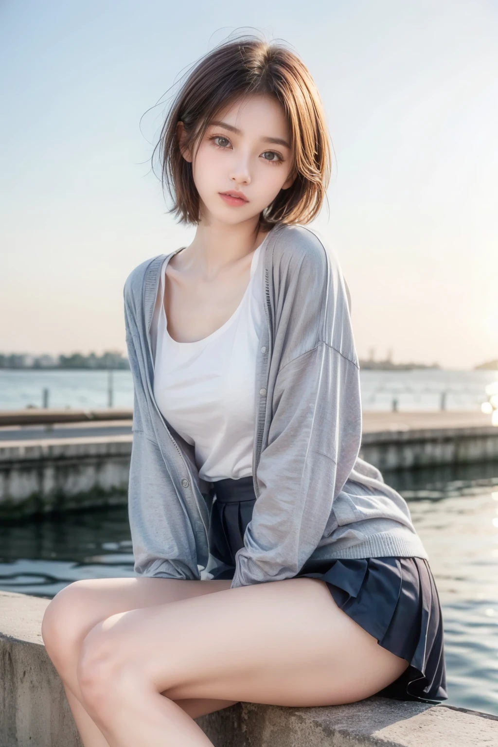 (High resolution, masterpiece :1.3), (Shooting from below),Orange sunset sky, And with the sea in the background, ((Super cute girl 、Erotic short hair、Seductive lips、Captivating eyes、A bold pose that is embarrassing to be seen by others)).Sitting on the embankment,Raise your arms back、Clear skin、Blushing Cheeks、(Cardigan, micro miniskirt,intricate detail),Pleated skirt、Crouching