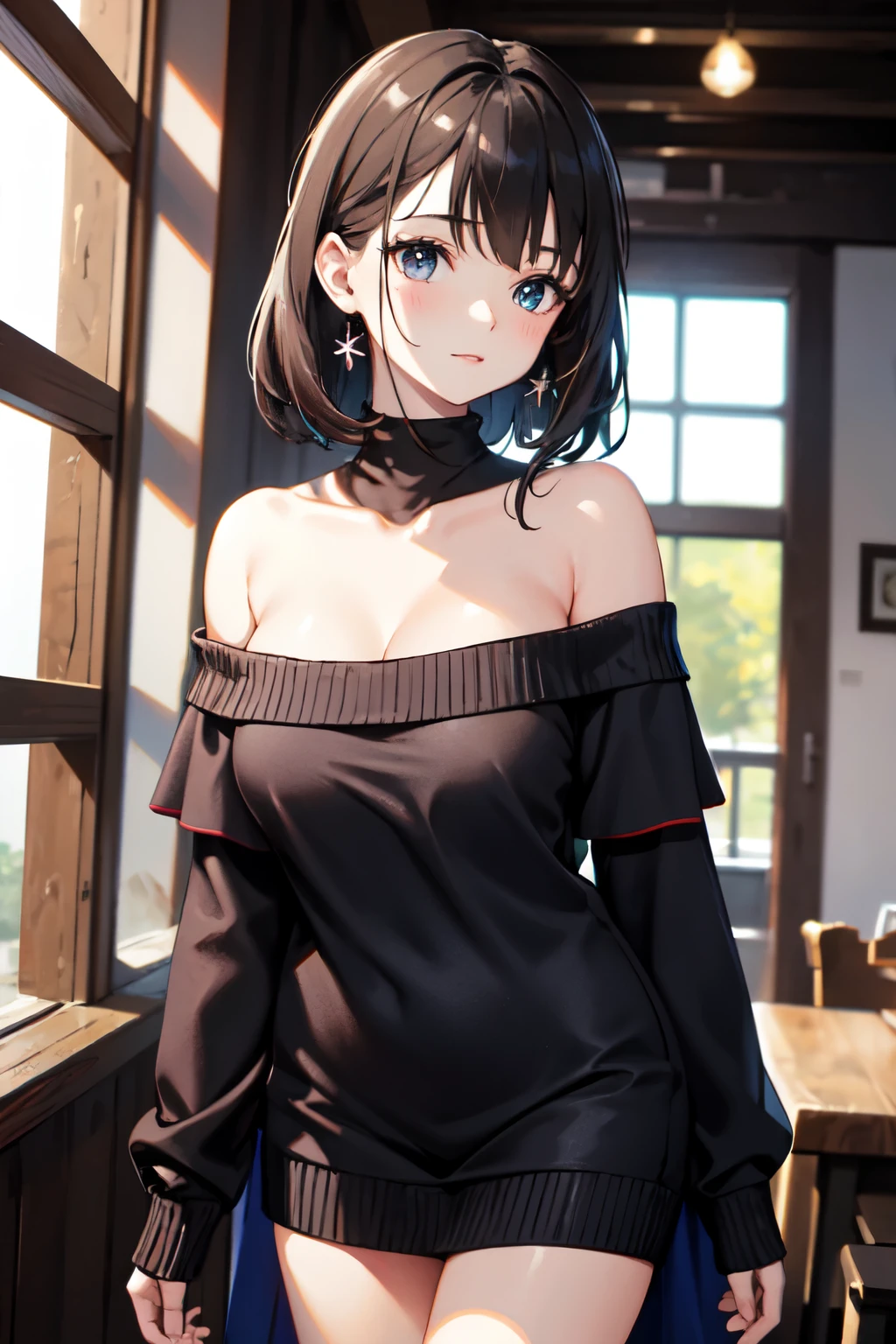 1girll, ((tmasterpiece, best qualityer, 8K)),As you wish,Off-the-shoulder attire,ssmile,Close-up,looks into camera,Be red in the face,inside in room,Beautiful detailed eyes,Detailed background
