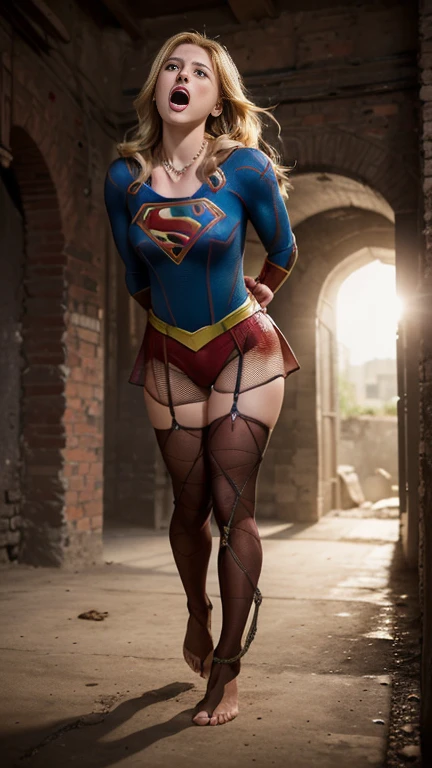 (((bottom view))), ((())), ((SUPERGIRL is in a stone cell, emotional expression,expression of pain e desespero, screaming in pain, expression of suffering, Wide open eyes)) , ((SUPERHEROINE SUPERGIRL is standing weakly, open legs)), (Supergirl in big red panties). ((SUPERGIRL has very blonde hair., She has long hair)), ((SUPERGIRL wearing fishnet stockings)), ( She is barefoot), ((SUPERGIRL wearing a thick metal necklace around her neck )), (Your clothes are immoral, Your clothes are indecent, Your clothes are tight on you), ((Shibari, arms behind the back:1.4)), ((hands on the back)), ((chain restriction)), ((Inescapable restriction with ropes)), (masterpiece, Better quality) 1.5, 1 girl, Alone, (sexy, Beautiful woman, perfect face, perfect eyes) full body, ((High Definition Face)), ((SUPERGIRL com Wide open eyes, Open mouth, expression of fear, expression of pain, , Crying a lot, screaming in pain), (((Full body view)))