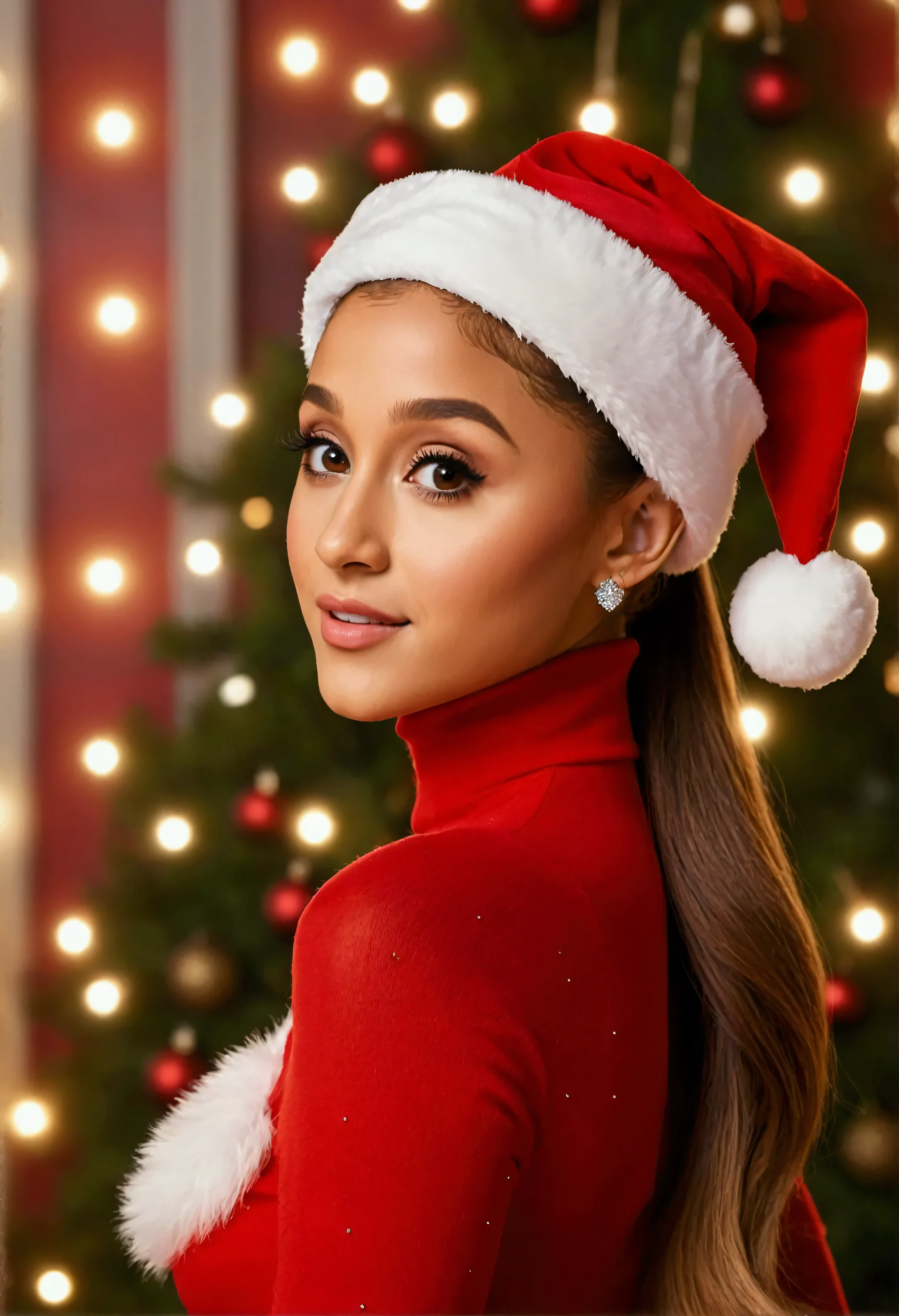 (photorealism:1.2), ultra high-definition, hyper-realistic close-up portrait of Ariana Grande, wearing a festive red Santa hat and a stylish red Christmas-themed outfit. Her signature high ponytail cascades down her back, and she has a soft, festive glow with subtle holiday makeup accentuating her features. In the background, warm Christmas lights and blurred ornaments create a cozy, magical holiday atmosphere. The red tones of her outfit and the holiday decorations contrast beautifully with her radiant skin, capturing her in striking detail, embodying the joy of Christmas.