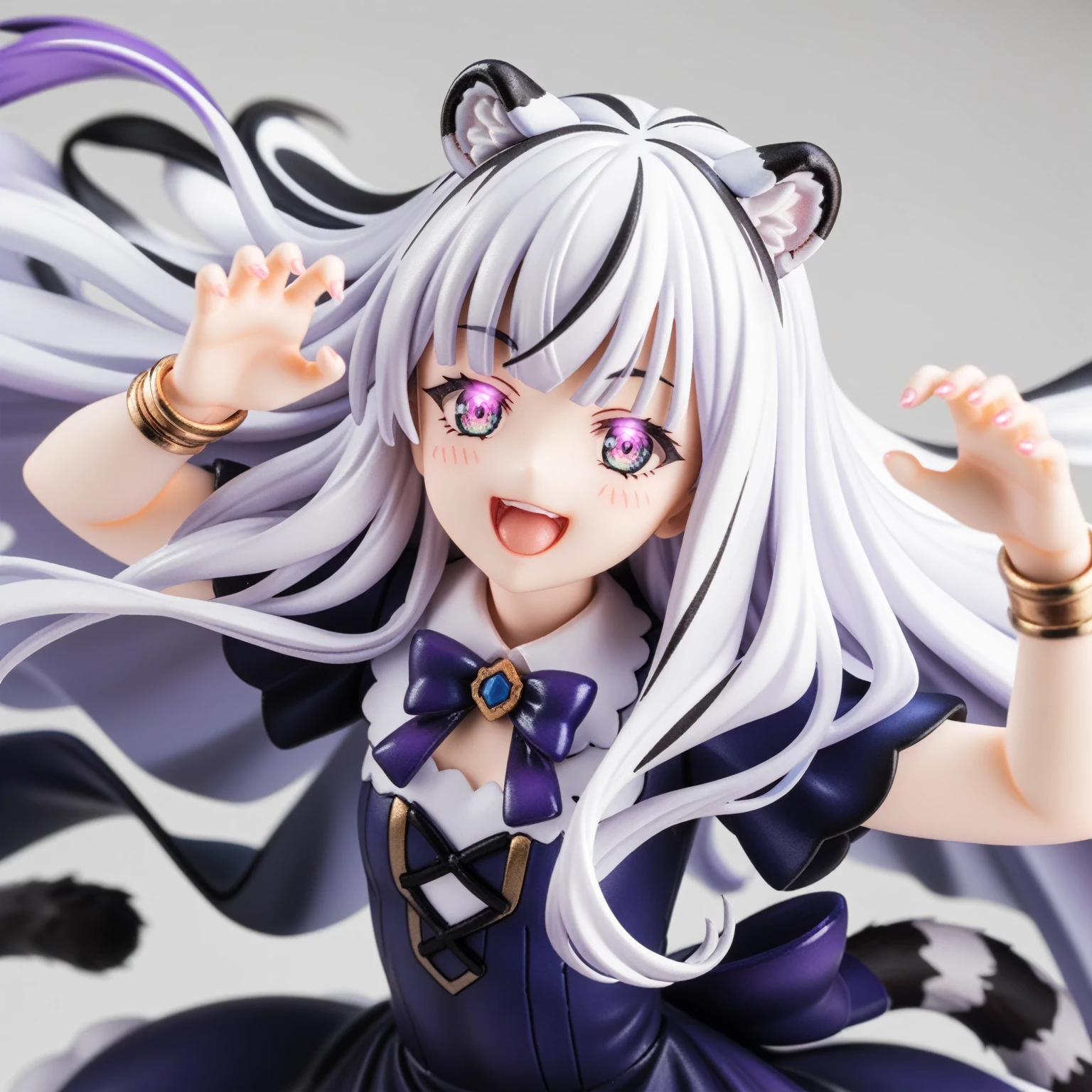 ((masterpiece)), ((extremely delicated and beautiful)), (ultra-detailed), 1girl, solo, long hair, white tiger ears, white tiger tail, open eyes, uppercut pose, glowing eyes, patchy dress, purple dress, black dress, multicolored dress, bracelet, high black boots, blush, cat smile, white hair, mature woman, full body, ((big Bow tie on back of neck)).