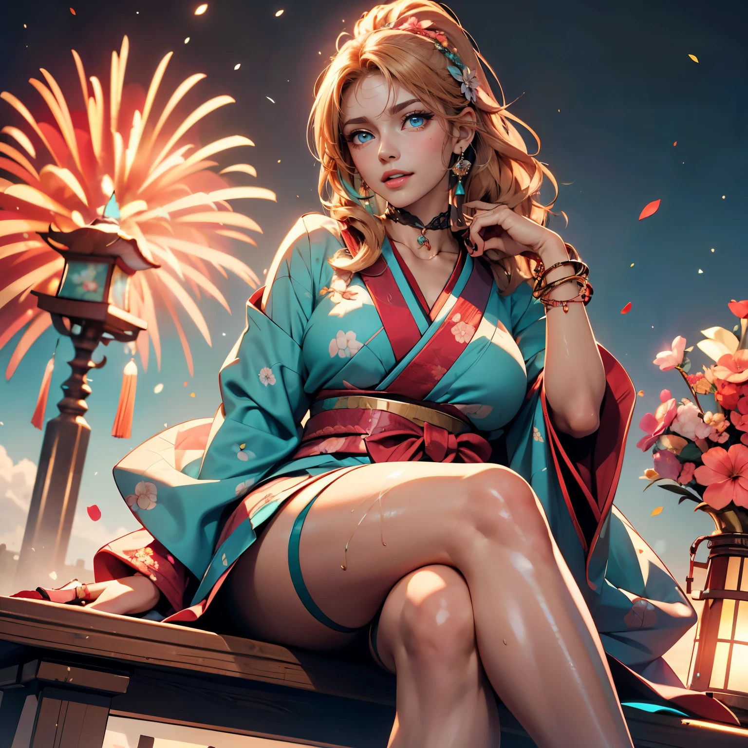 1girl,cowboy shot,sitting,chair, fireworks,evening,joy,origen, <lora:yoimiya_v1:1>,