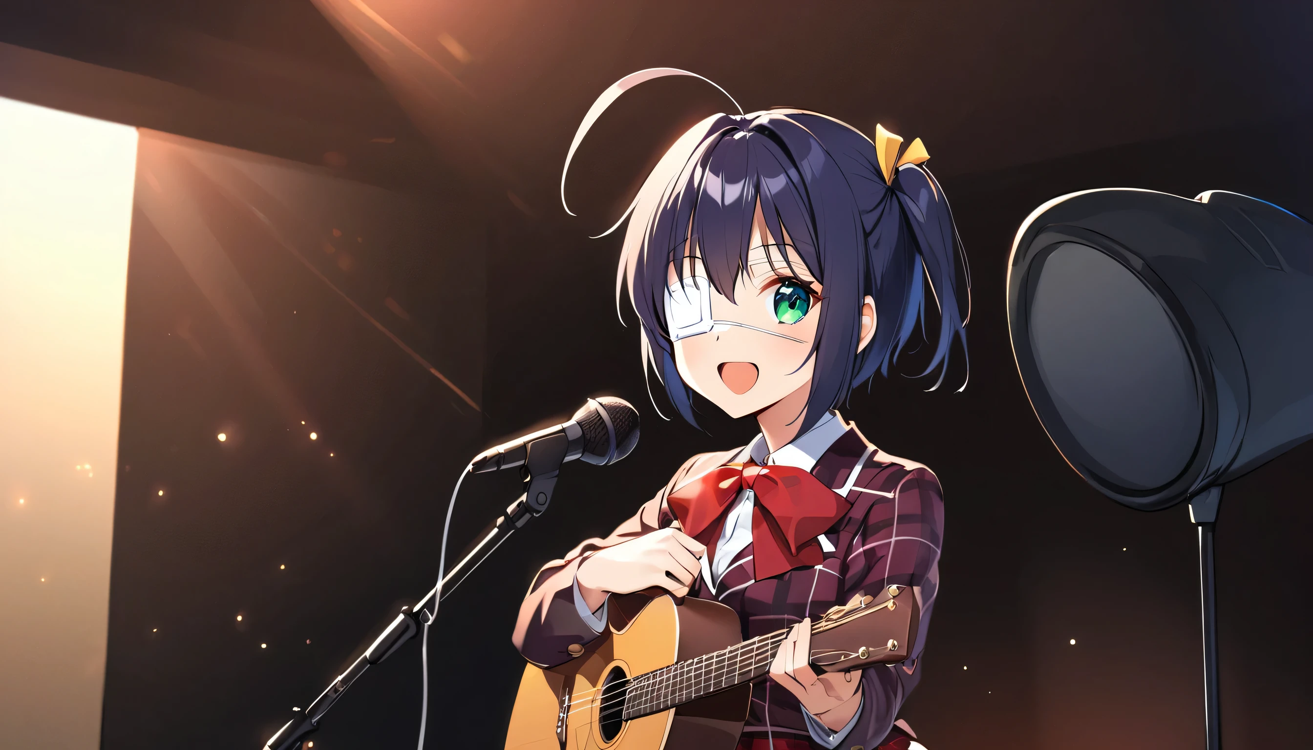 score_9, score_8_up, score_7_up, score_6_up, 1girl, rikka takanashi, short hair, green eyes, black hair, ahoge, one side up, eyepatch, medical eyepatch,, sing, singing, open mouth, mic, half bodies, smile, positive vibes, ((looking at viewers, cowboy shot)), skirt, school uniform, jacket, plaid, kneehighs, plaid skirt, blazer, side pov, side camera view, holding a mic, solo, half body, in studio music, in room, playing guitar