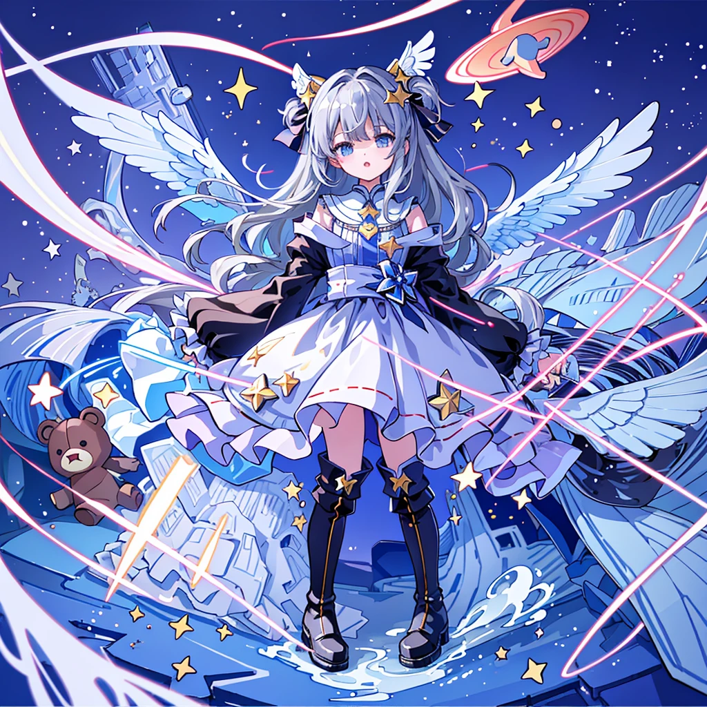 starの妖精、Full body Front portrait、Front、Small angel wings growing from her waist、One girl,Best Quality、masterpiece、Official Art、Super detailed、Very beautiful、Cute starの妖精、Gray Hair、Straight long hair、milky way、universe、star charm、star、baby face、Knee-high boots、Giant stuffed teddy bear