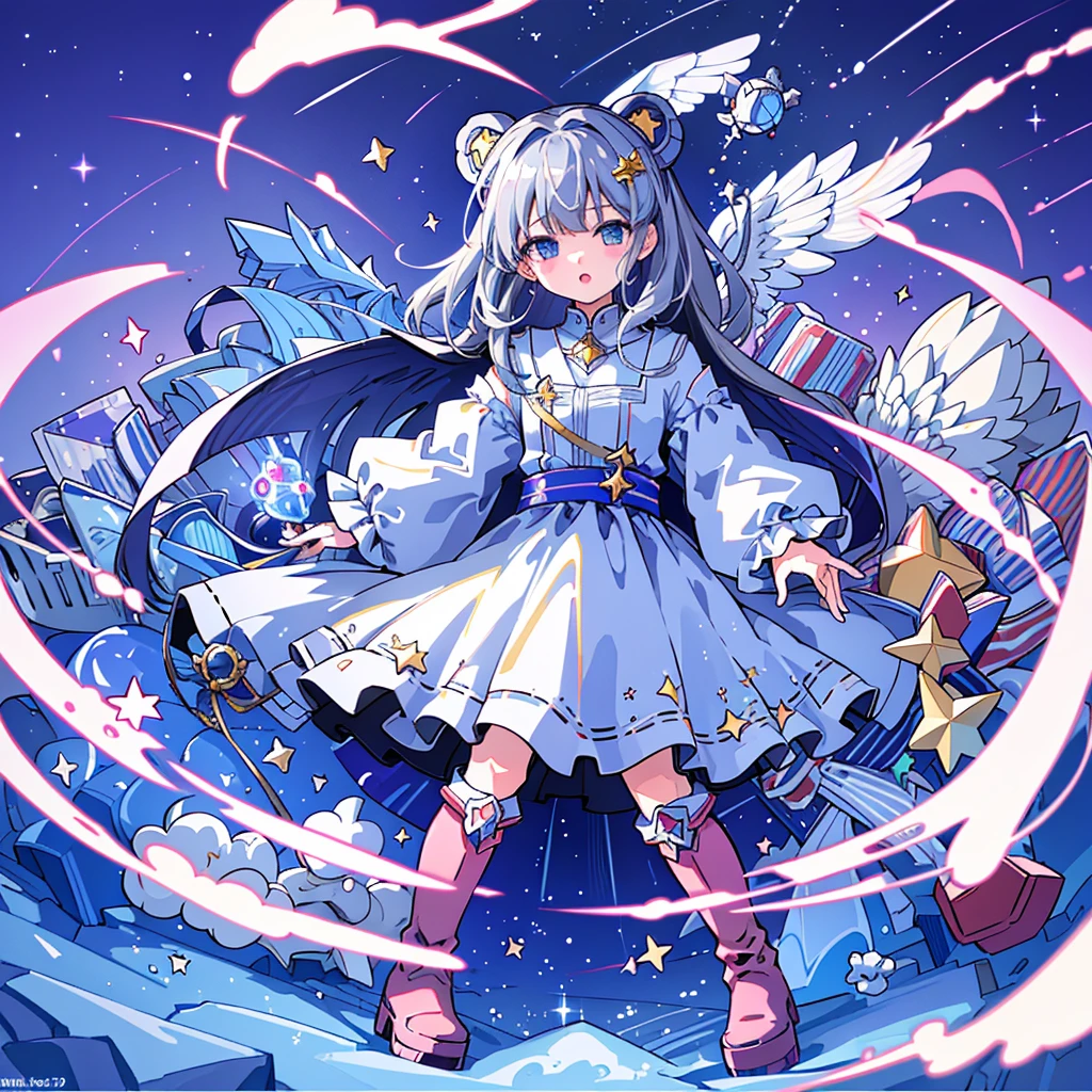 starの妖精、Full body Front portrait、Front、Small angel wings growing from her waist、One girl,Best Quality、masterpiece、Official Art、Super detailed、Very beautiful、Cute starの妖精、Gray Hair、Straight long hair、milky way、universe、star charm、star、baby face、Knee-high boots、Giant stuffed teddy bear