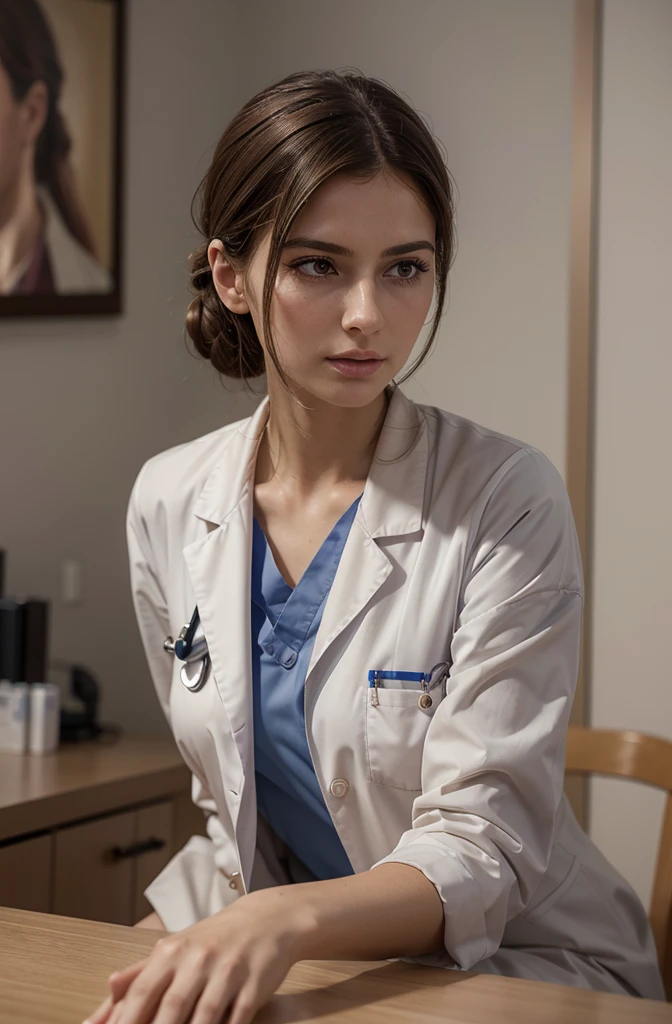 masterpiece, best quality, extremely detailed, hyperrealistic, photorealistic, a beautiful french doctor, doctor uniform, one hand up, elbows on table, placing her hand on her cheek, hospital:1.1, ultra detailed face
