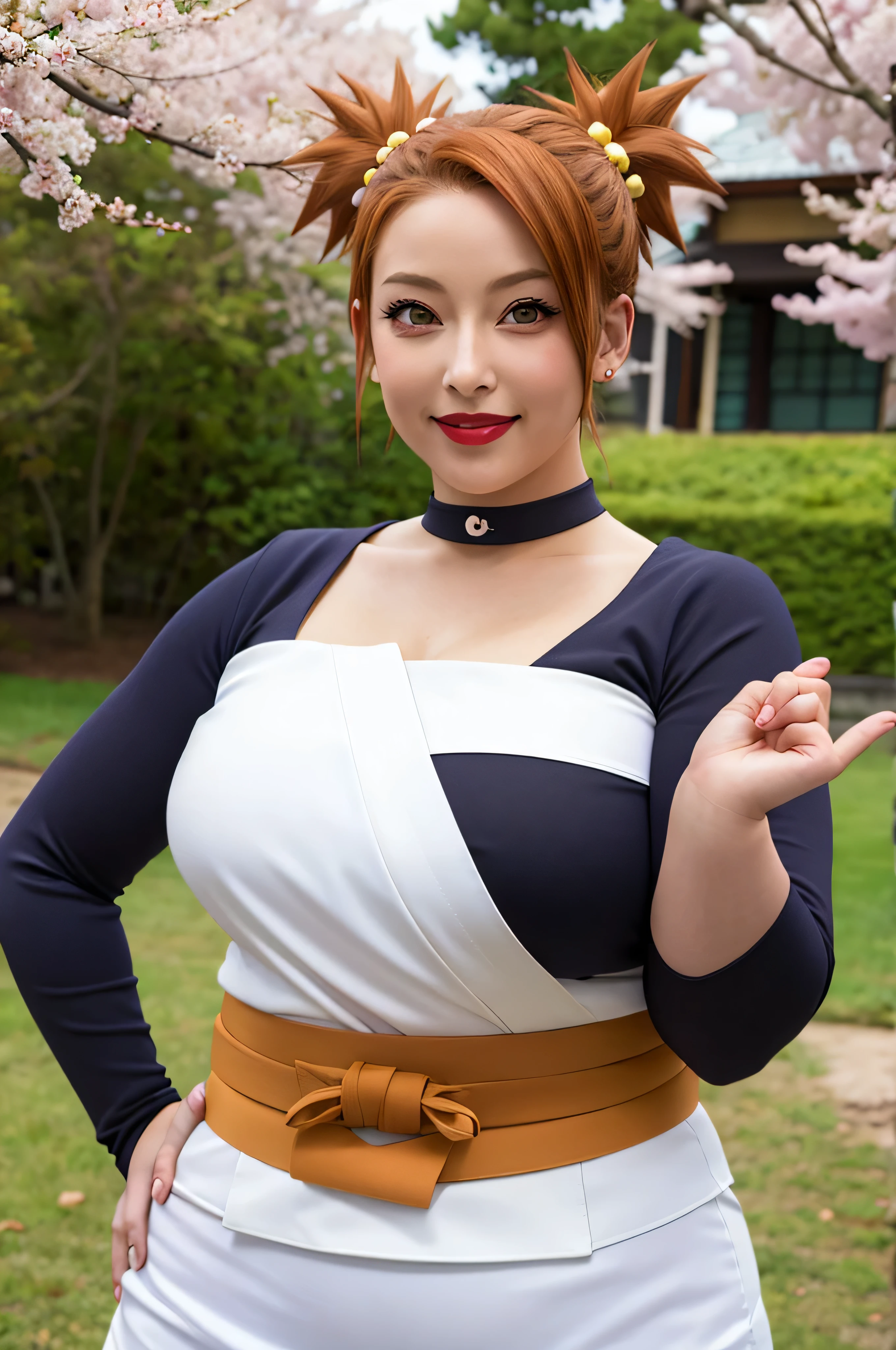          
1girll, chocho akimichi ,  Large breasts, sexy ninja suit attire,（cleavage),busty mom, purple dark eye,（upperbody closeup),Raised sexy,is shy,ssmile,  brown hair, short spike hair, low twintails, the cherry trees,Cherry blossoms flying,midriff Wearing: green jacket, choker, Strapless orenge top, Belt, orenge leather micro skirt ), ahoge, piercings, toned, sensual, smile, red lips,chouchou akimichi, curvy, 1girl,hair bobbles, short kimono, white kimono, 