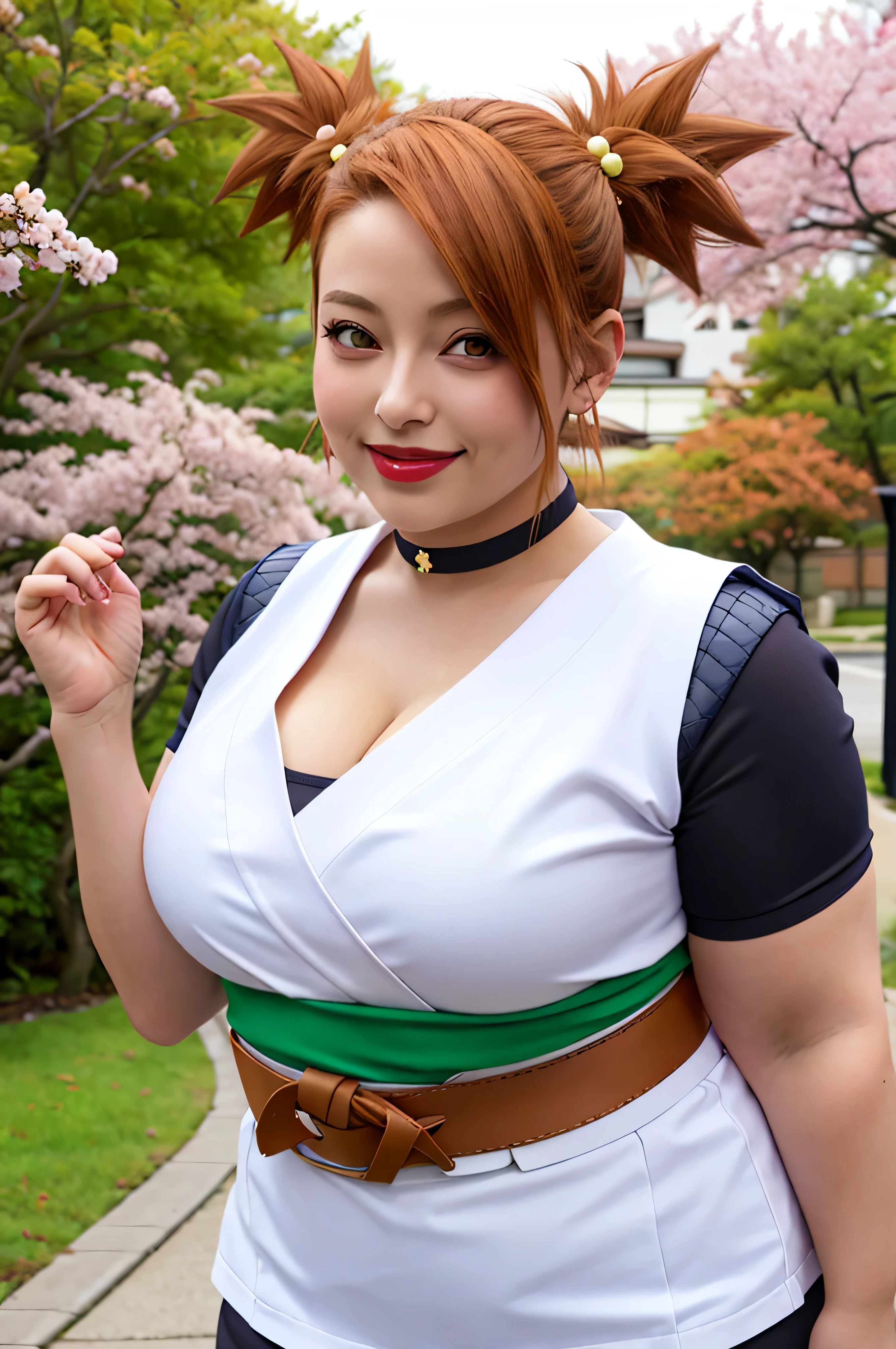          
1girll, chocho akimichi ,  Large breasts, sexy ninja suit attire,（cleavage),busty mom, purple dark eye,（upperbody closeup),Raised sexy,is shy,ssmile,  brown hair, short spike hair, low twintails, the cherry trees,Cherry blossoms flying,midriff Wearing: green jacket, choker, Strapless orenge top, Belt, orenge leather micro skirt ), ahoge, piercings, toned, sensual, smile, red lips,chouchou akimichi, curvy, 1girl,hair bobbles, short kimono, white kimono, 