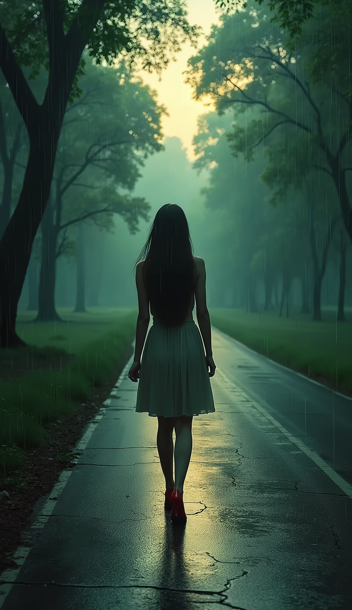 A rainy night in the park、A beautiful Japanese woman searching for something while completely naked.