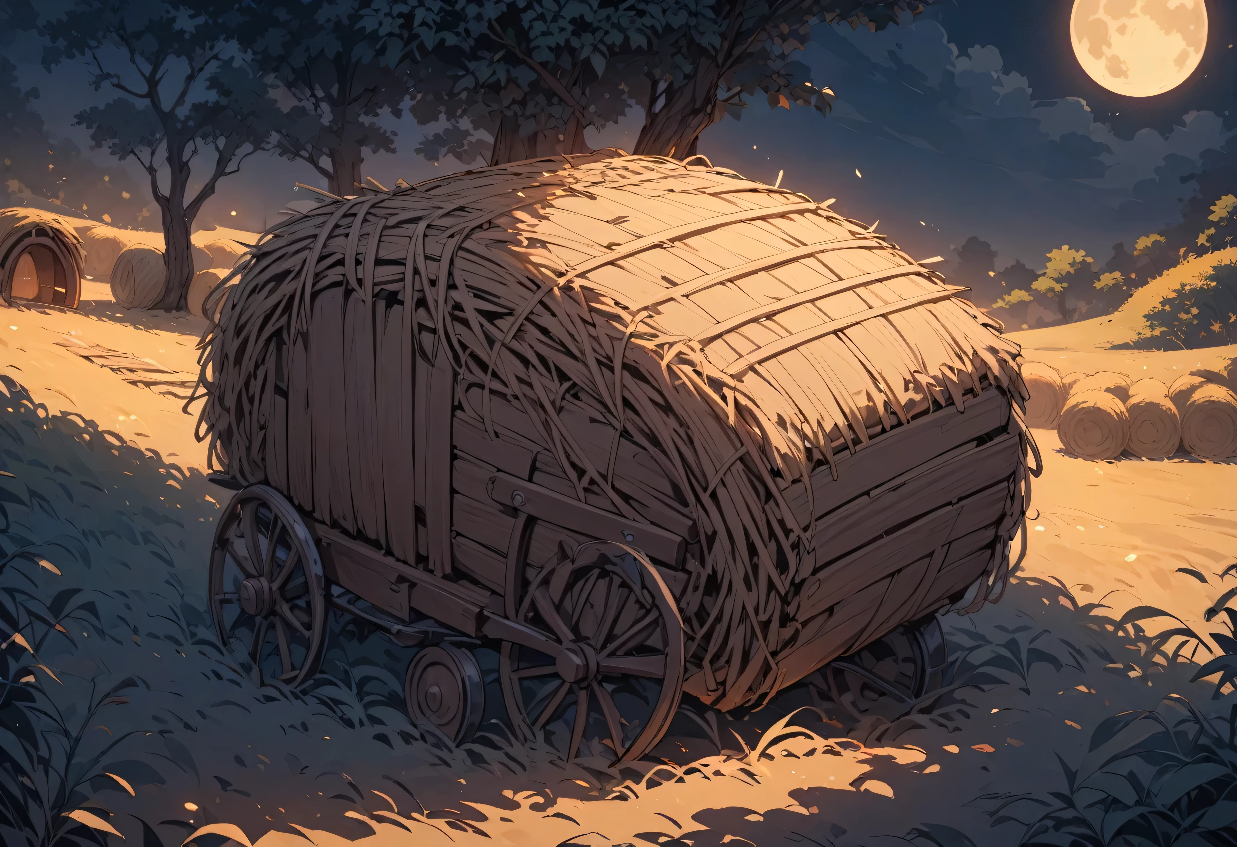 Quarter view, 45 degree top view, no perspective. Outdoors, no lights, moonlit atmosphere, cart with straw bales,