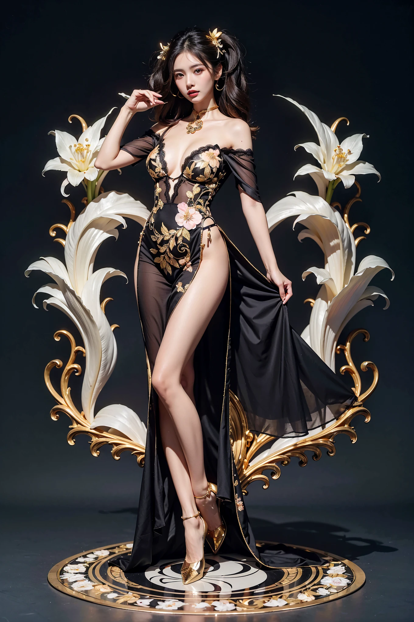portrait of a very busty beautiful Korean German girl, wearing ultra detailed embroidery luxury golden bikini dress, tulle skirt, perfect face,perfect eyes,HD details,high details,sharp focus,studio photo,HD makeup,shimmery makeup,celebrity makeup, (( centered image)) (hd render)Studio portrait,magic, magical, fantasy, splash playing lots amount of golden leaves background,flying flower petals, beautiful fantastic flower field, fantasy theme, flower, butterfly, flying colorful, wind, wind blowing hair, butterflies, Grass, golden effect, gold theme, ,EpicArt,Nature (looking straight at the viewer:1.5), blue sky, cloud, (leaning_foraward:1.5), (showing her attractive cleavage:1.5), (seductive emotion:1.5),(((Gray background)))、(Red lipstick)、Model walking、Walking、((Thighs))、View from above、