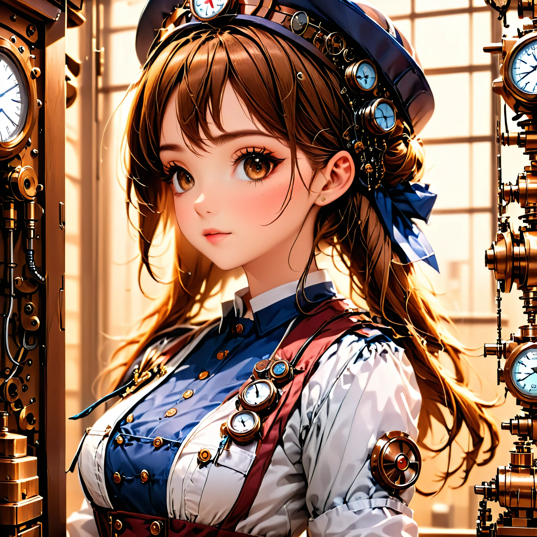 mechanism:humanoid:nurse:16th century European nurse uniform:whole body,Doll Face:Perfect Face:Big brown eyes,eyelash,Hide the wires in your hair,She is made of machines,Steampunk elements,Mechanical engineering,Mechanically,Mechanical,,cute,Intricate details,very nice,High resolution,High image quality,最High image quality,clearly,Be clear,Beautiful light and shadow,3D,,Complex Configuration,mechanism,dynamic,busy,,A facial expression that makes you want to cheer,Medical Devices,Medical supplies shelves,Medicine bottle,Show evidence that it is a machine,Light from the window