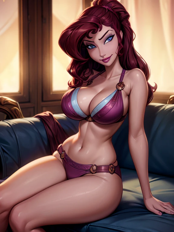 (masterpiece), Best Quality, Megara, expressive eyes, perfect face, big breasts, very curved, long brown hair , light blue eyes, improve, full lips, seductive, smiling, at home, (bikini: 1.2), neckline, at home, big breasts, Wide hips, perspiration, 1 female, seated, sexy, in front of the viewer, (erobureidere: 1.5),. Beautiful detailed eyes, beautiful detailed lips,