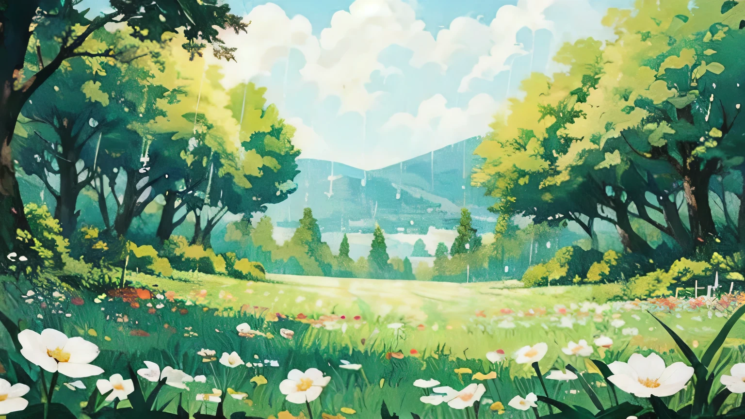 (Best quality,masterpiece:1.2), \(illustration\), season\(春sky\), Warm colors, outdoor, bushing, flower, Hydrangea, tea garden, rain, scenery, Grass, white flower, leaf, sky, vague, vague foreground, Depth of Field, No humans