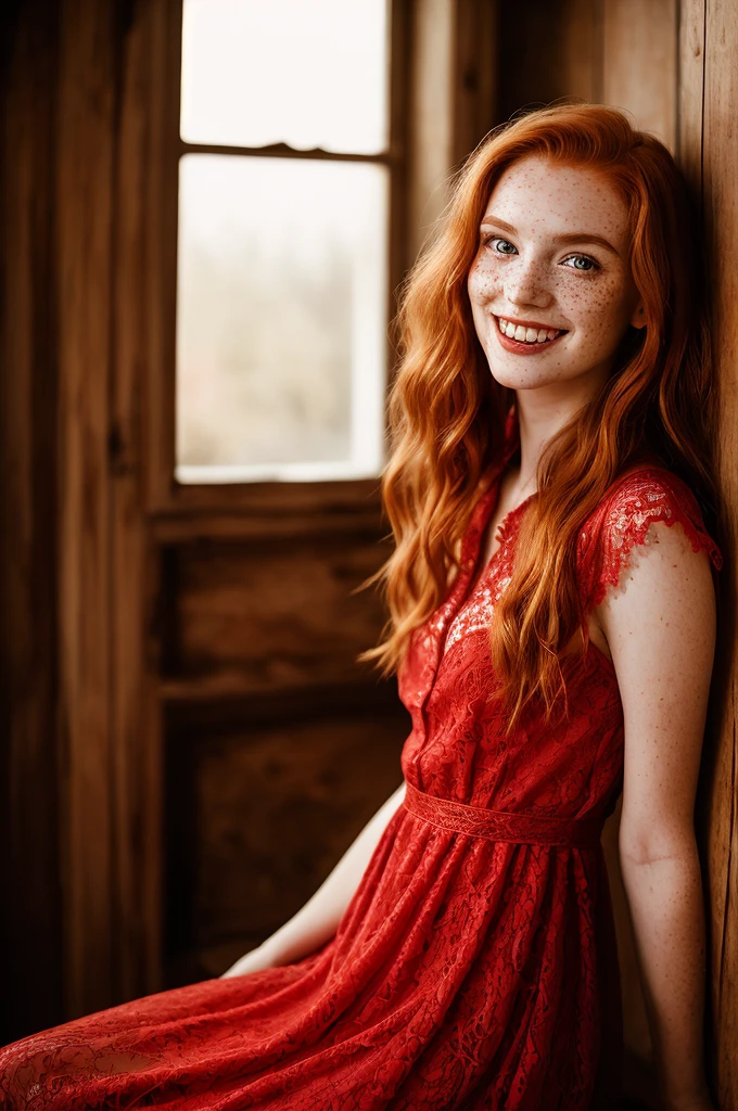 Fine art photography, (amateur photo), (analog photo:1.2,film grain),(a close-up skinny young woman wearing with red lace dress in wooden room,long ginger hair,freckles,light smile,posing fashion magazine,dof,bokeh),vivid colours,realistic,photographic, (natural colors, correct white balance, color correction, dehaze,clarity), background with lot of details, conceptual image,masterpiece, award winning photography