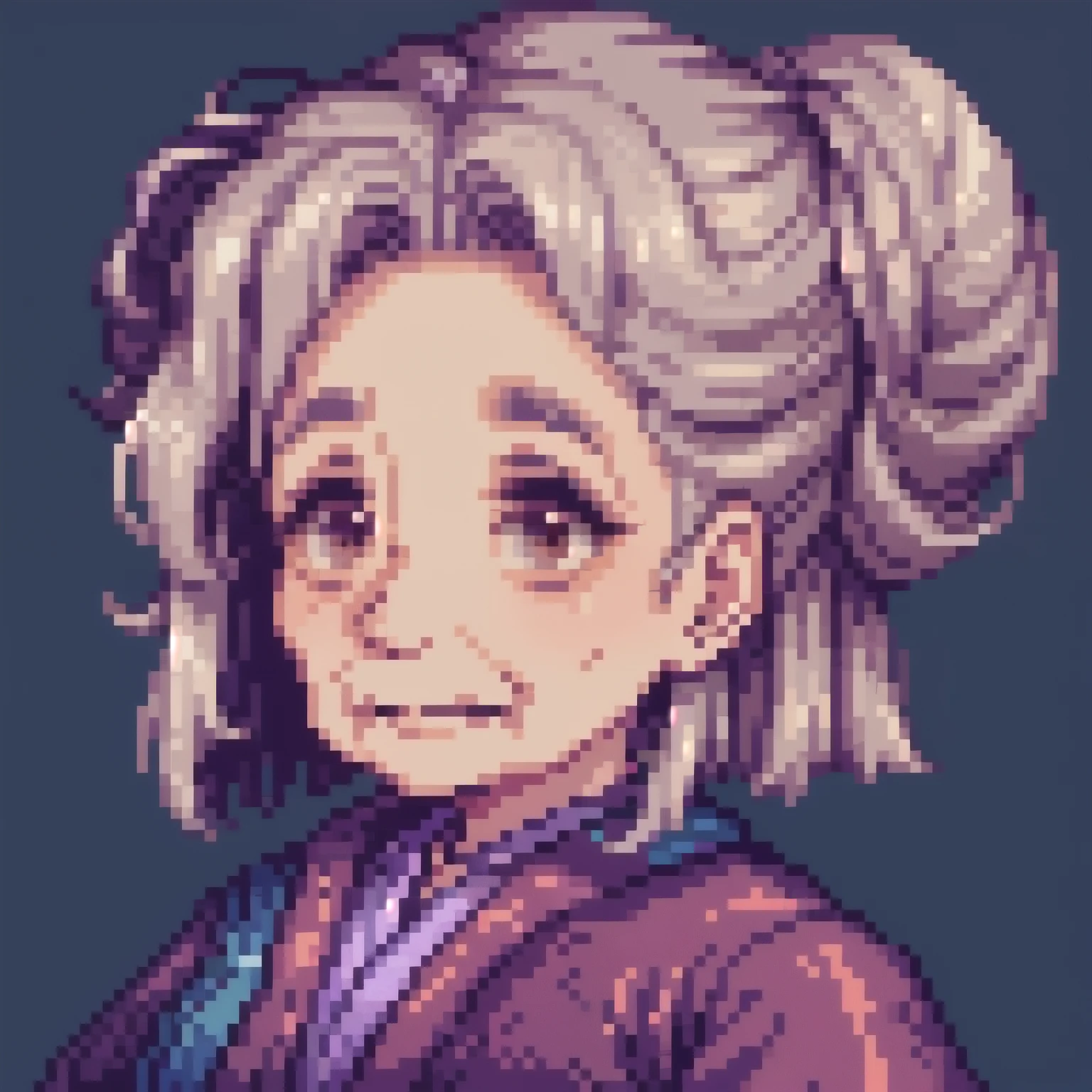 64 bit pixel-art portrait of a ite, elderly woman with silver hair tied in a neat bun. She has a warm, chubby, kind face with gentle wrinkles, deep brown eyes, and wears simple, elegant robes in shades of blue and violet.