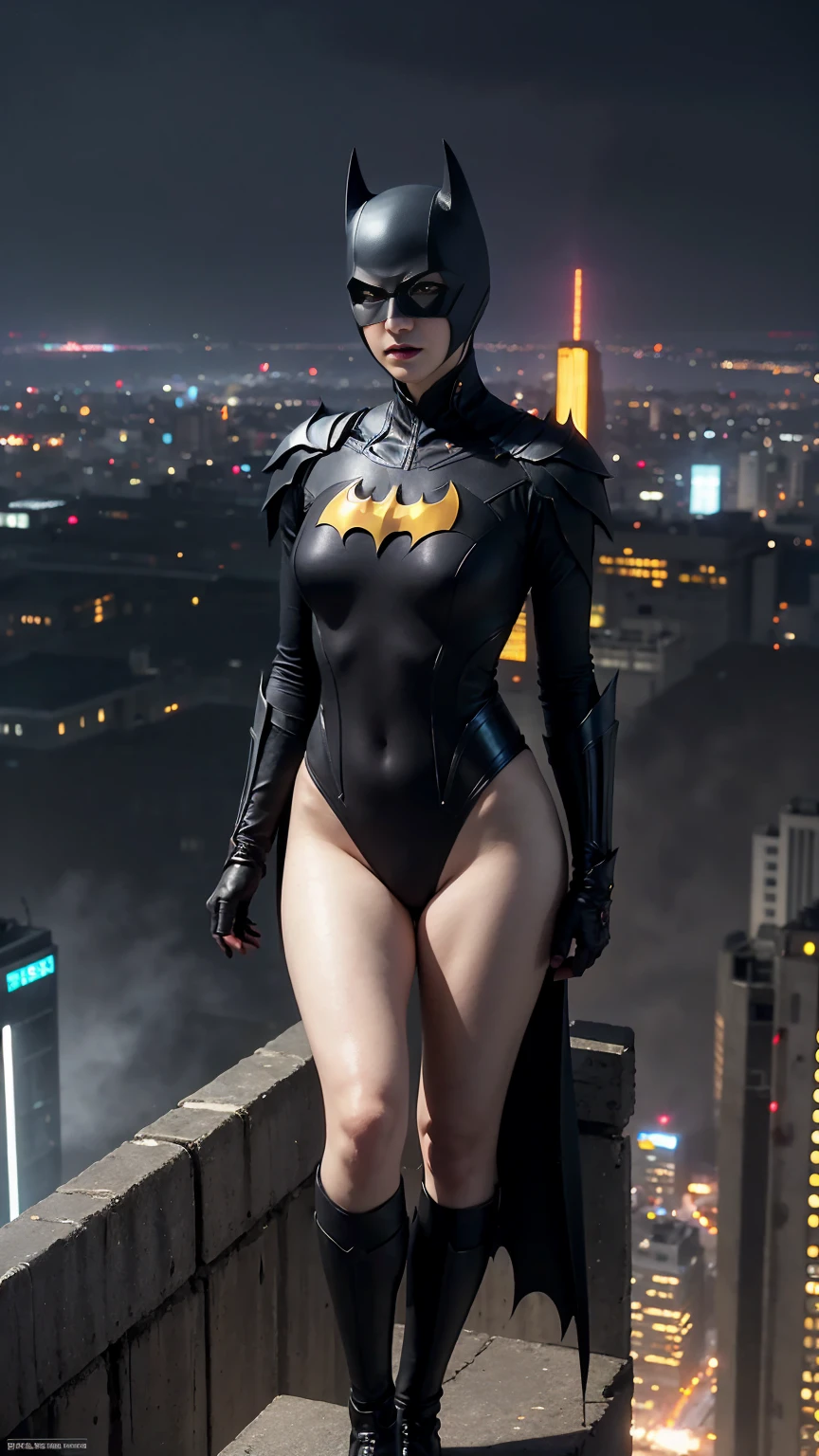 ((masterpiece, Highest quality, High resolution, Realistic, to be born, 8k wallpaper:1.5))((,A delicate and beautiful face hidden behind a Batman mask:1:1.2))、Standing in a bikini,Maika Monroe Batgirl, (Stand in Honor,Head to knee shot),Pose menacingly towards the camera, Very hot and sexy, Great beauty, Perfect balance, Beautiful body, Tiny waist and big ass,((Large and beautiful body: 1.4)), Batman standing on a rooftop overlooking the city skyline at night, Gotham city background, nighttime in Gotham city, Gotham city, From the movie Batman, Gotham city double exposure, Gotham city style, Batman film still, metropolis filmic Gotham city, Cyberpunk Batman, Batman movie stills, Batman movie still cinematic, Gotham setting, Batman, Gotham,