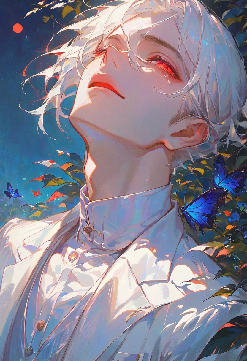 materpiece,1male,handsome,white hair,short hair,hair between eyes,red eyes,laughs with eyes,tears on eyes,closed mouth,white suit,white dress shirt,upper body,day,night of garden