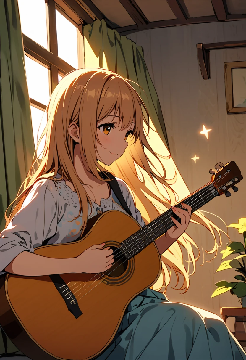 A young girl with long flowing hair sits by a large window, bathed in the soft golden glow of morning sunlight. The gentle light creates a warm, peaceful atmosphere in the room. She is holding an acoustic guitar, casually swaying her body as she joyfully strums a lively tune. Her smile is bright, and her eyes sparkle as she sings, lost in the moment. The curtains flutter lightly in the breeze, and outside the window, trees sway gently under the soft light of the early morning. The scene captures a feeling of serenity and contentment as the girl plays music that fills the room with warmth and happiness.