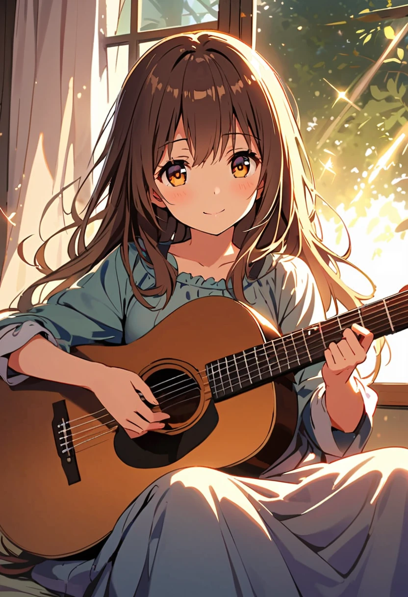 A young girl with long flowing hair sits by a large window, bathed in the soft golden glow of morning sunlight. The gentle light creates a warm, peaceful atmosphere in the room. She is holding an acoustic guitar, casually swaying her body as she joyfully strums a lively tune. Her smile is bright, and her eyes sparkle as she sings, lost in the moment. The curtains flutter lightly in the breeze, and outside the window, trees sway gently under the soft light of the early morning. The scene captures a feeling of serenity and contentment as the girl plays music that fills the room with warmth and happiness.