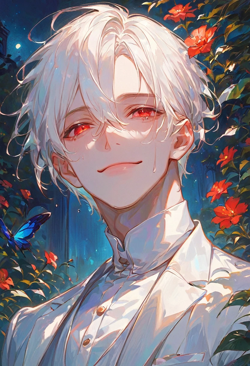 materpiece,1male,handsome,white hair,short hair,hair between eyes,red eyes,laughs with eyes,tears on eyes,closed mouth,white suit,white dress shirt,upper body,day,night of garden