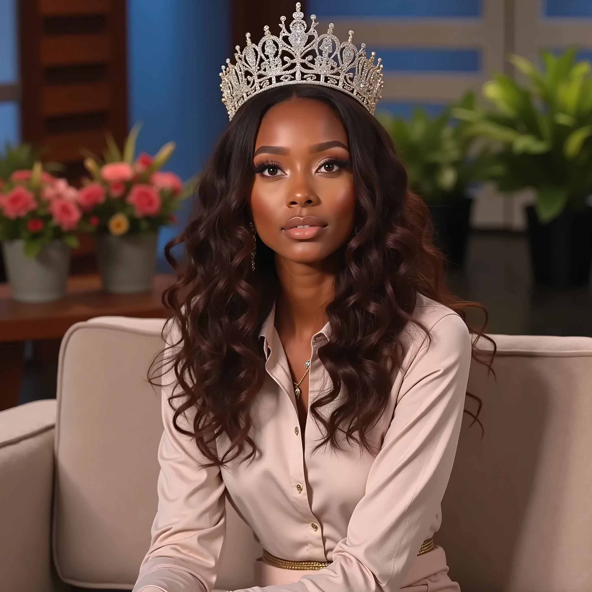 masterpiece, HD, best quality, official art, professional photography, 8k, 180mm, highres, perfection, ultra-realistic, beautiful queen sucking dick with her tiara on, black woman, looking up at viewer, queen, giving blowjob, vivid detail, saliva